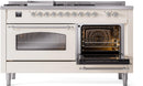 ILVE Nostalgie II 60-Inch Propane Gas Dual Fuel Range with 7 Burners, Griddle, & French Top with Triple Glass Door Oven in Antique White with Chrome Trim (UP60FSNMPAWCLP)