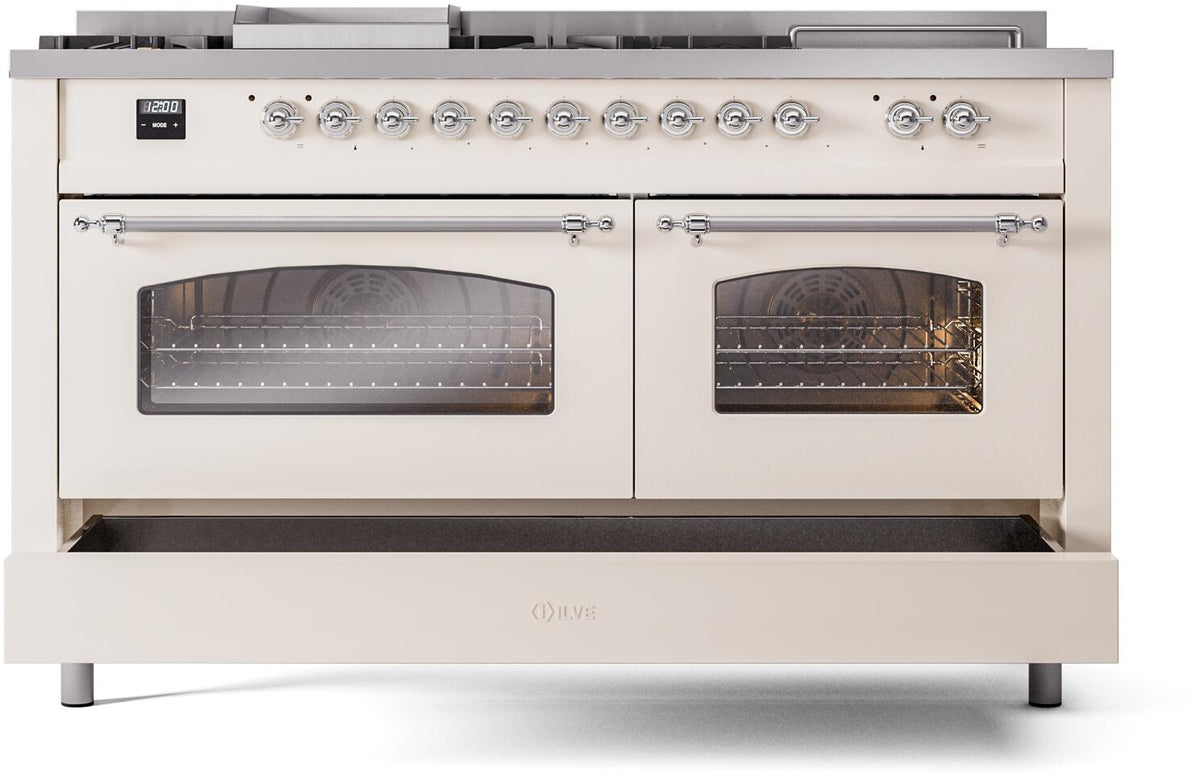 Antique white dual fuel range with two glass oven doors and chrome control knobs.