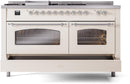 ILVE Nostalgie II 60-Inch Propane Gas Dual Fuel Range with 7 Burners, Griddle, & French Top with Triple Glass Door Oven in Antique White with Chrome Trim (UP60FSNMPAWCLP)