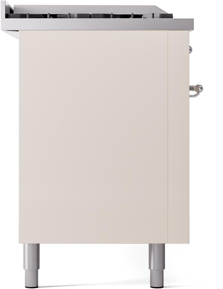 Antique white range side panel with stainless legs and smooth cabinet face.