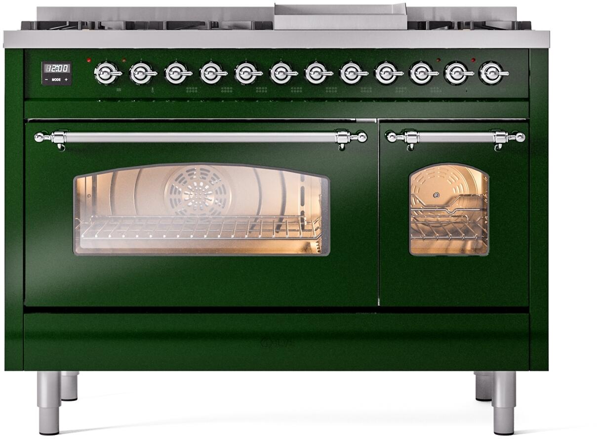 Emerald green range front with multiple control knobs and oven window