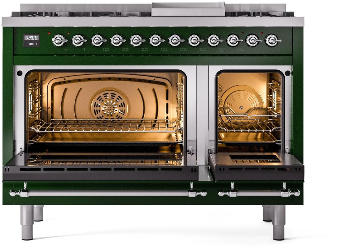 Emerald green dual-fuel range with both ovens open, chrome racks visible