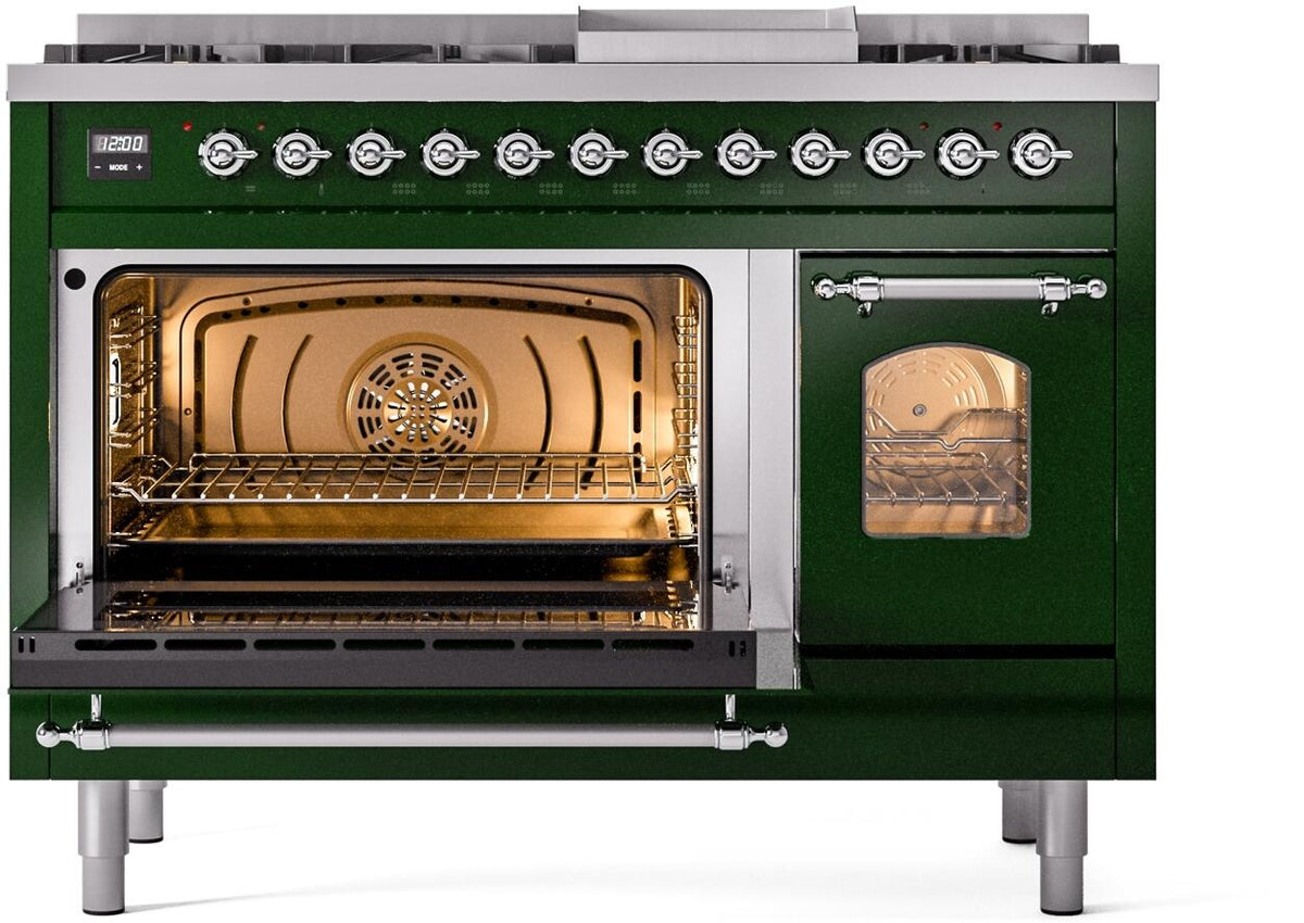 Emerald green range with main oven open and side oven door closed, chrome hardware