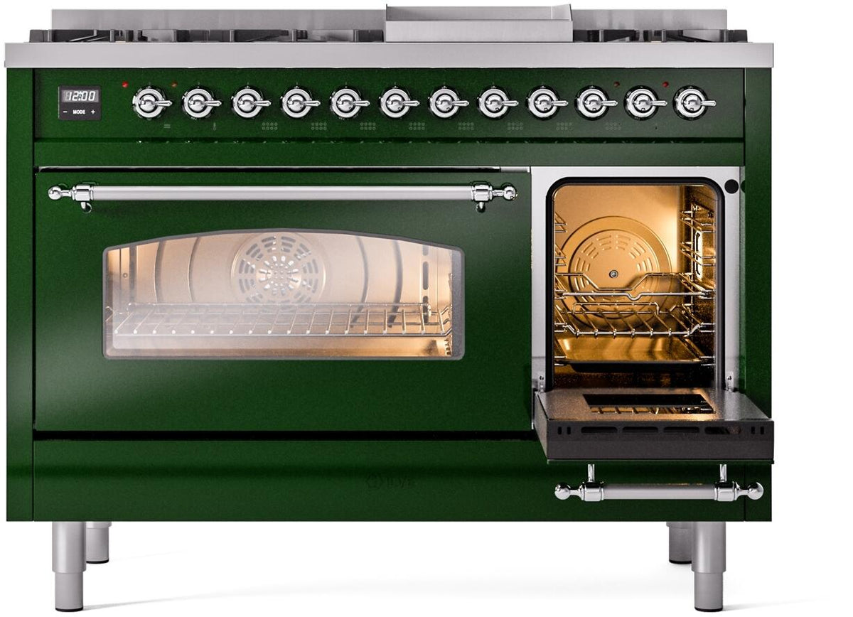 Emerald green range with oven doors open, displaying oven racks and fan cover