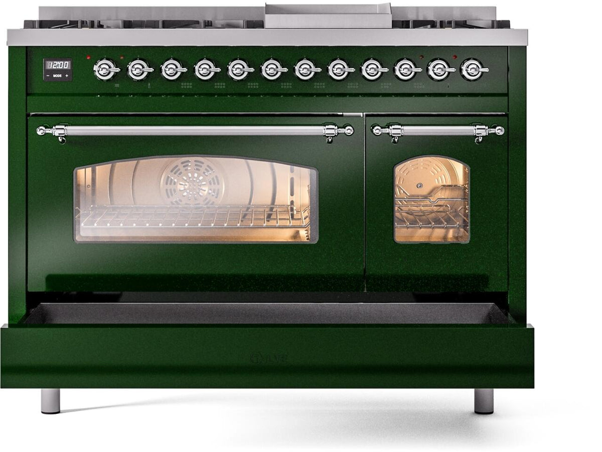 Emerald green range with large oven window and small oven door open, racks visible