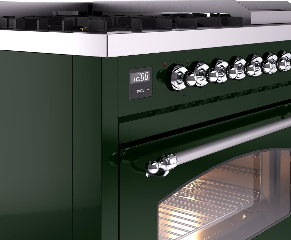 Emerald green dual fuel range control panel with chrome knobs and digital display