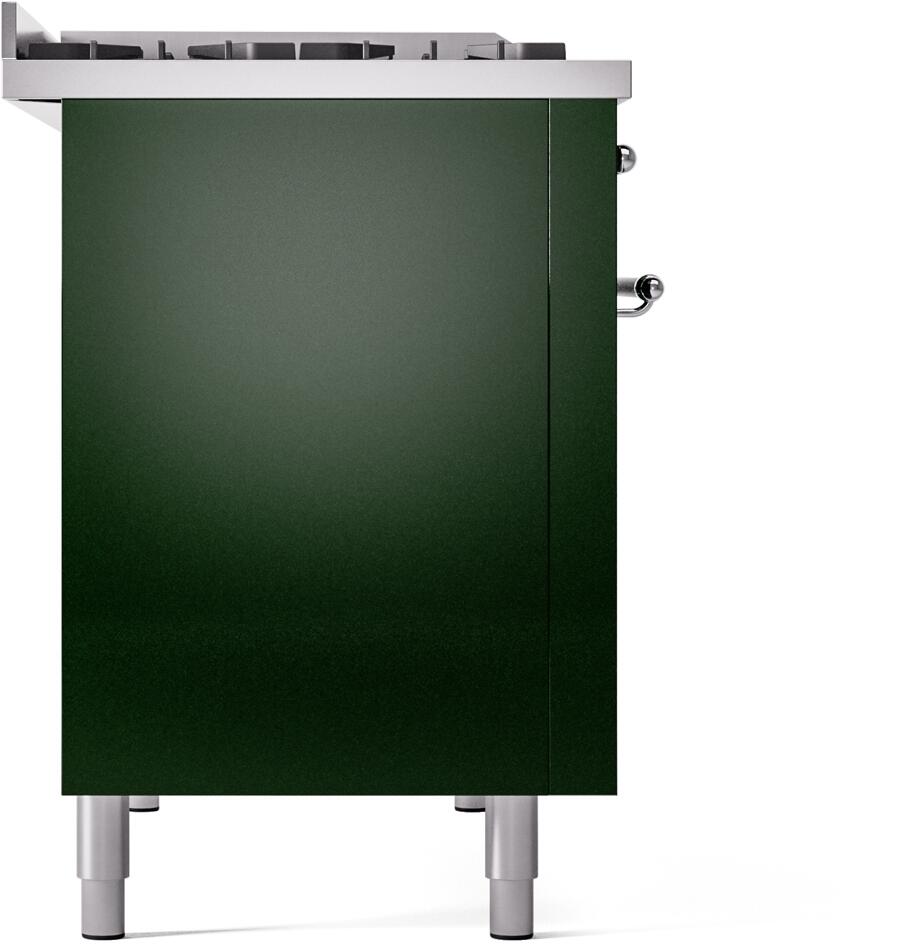 Emerald green freestanding range side with chrome control handle and leveling feet
