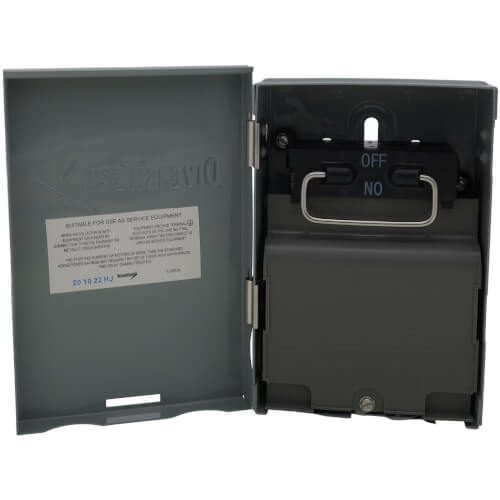 Gray non-fusible disconnect switch with open door showing OFF and NO markings