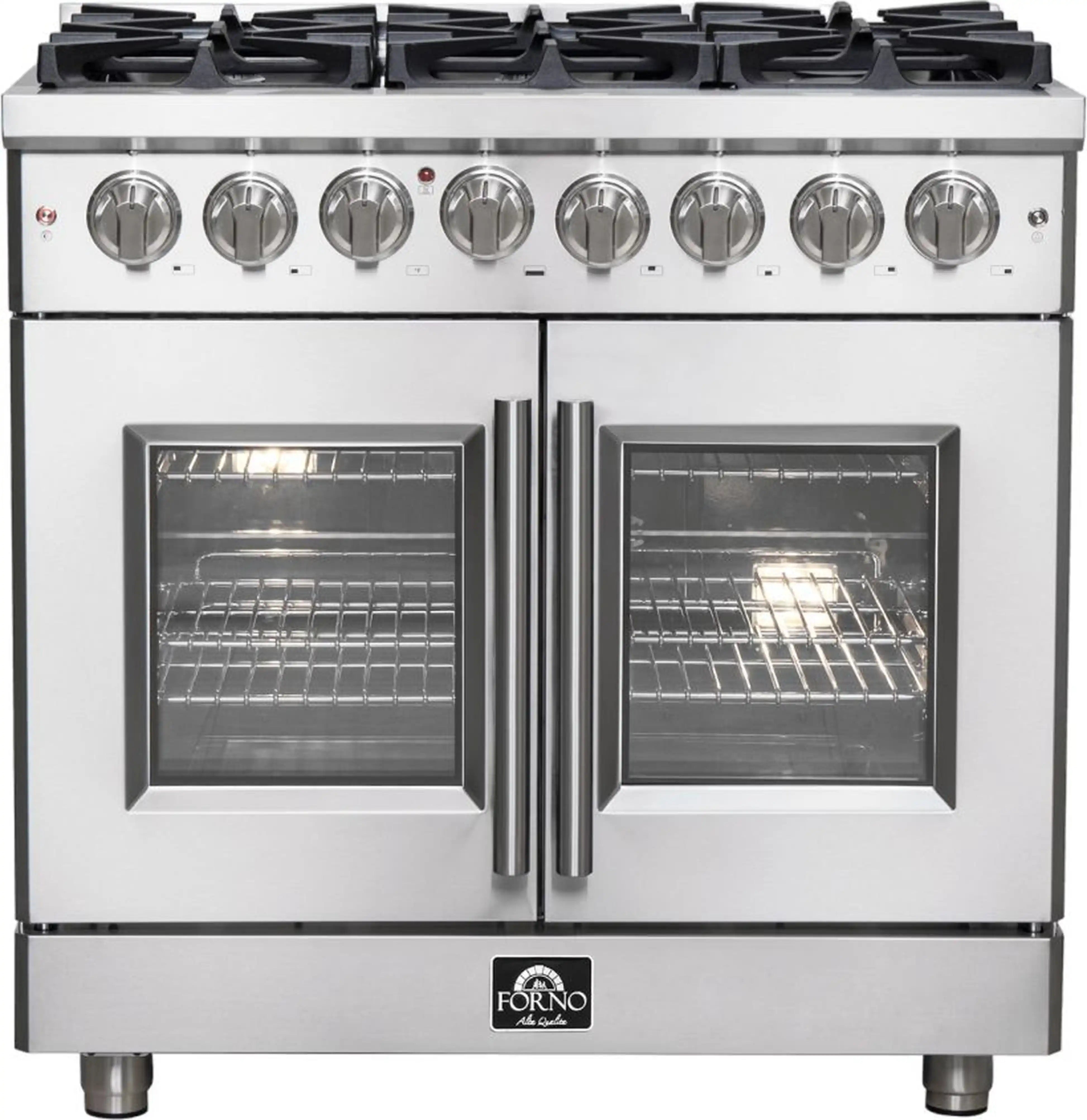 Stainless steel dual fuel range with two oven doors open and racks