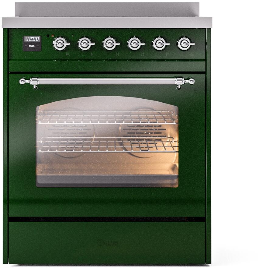 Emerald green freestanding induction range with chrome control knobs and glass oven door