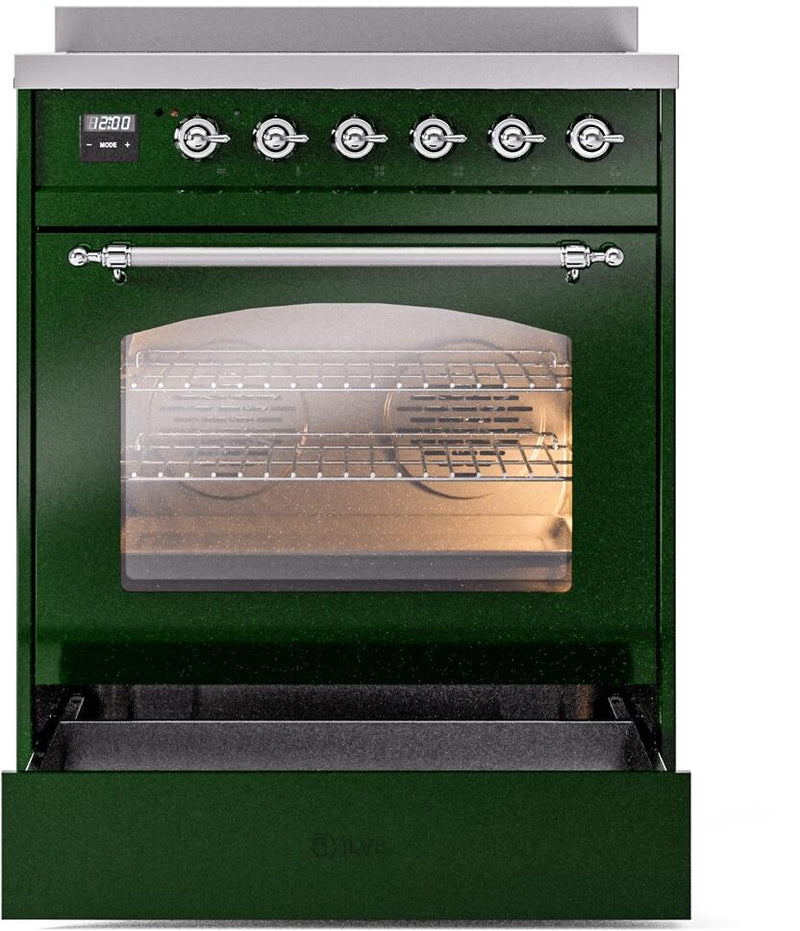 ILVE Nostalgie II 30-Inch Freestanding Electric Induction Range in Emerald Green with Chrome Trim (UPI304NMPEGC)