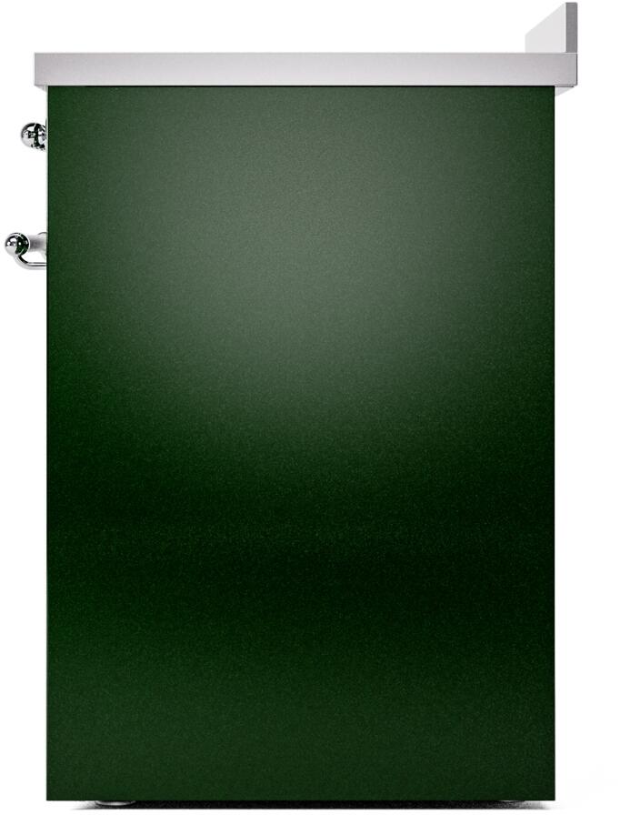 Emerald green induction range side panel with chrome hinges and screws