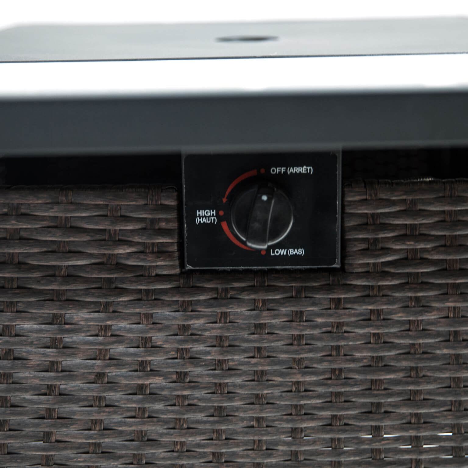 Fire pit control panel with HIGH, LOW, and OFF knob