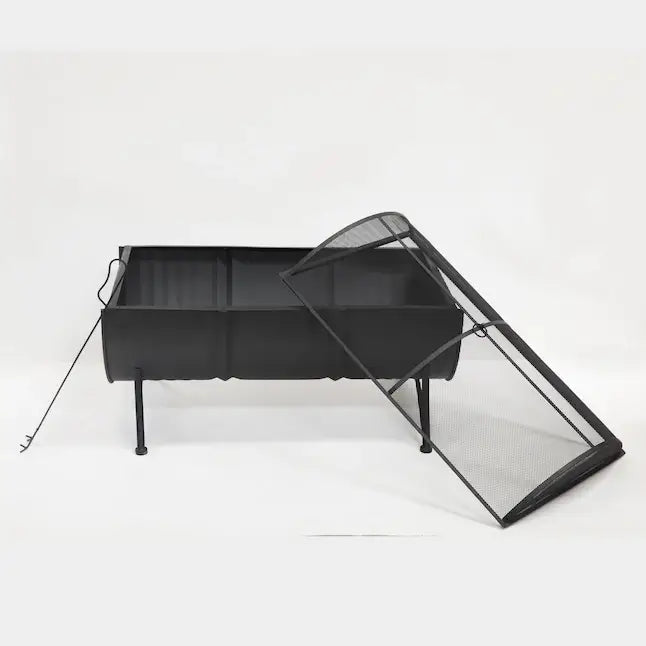 35-inch barrel wood burner firepit with black legs and hinged mesh spark screen