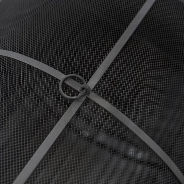 Mesh spark screen close-up with metal ring latch and crisscross support bars