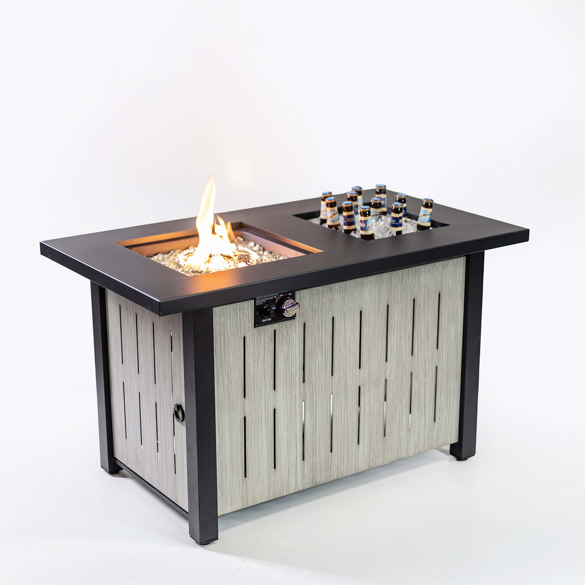 Outdoor propane firetable with visible flame on dark top and control knob panel