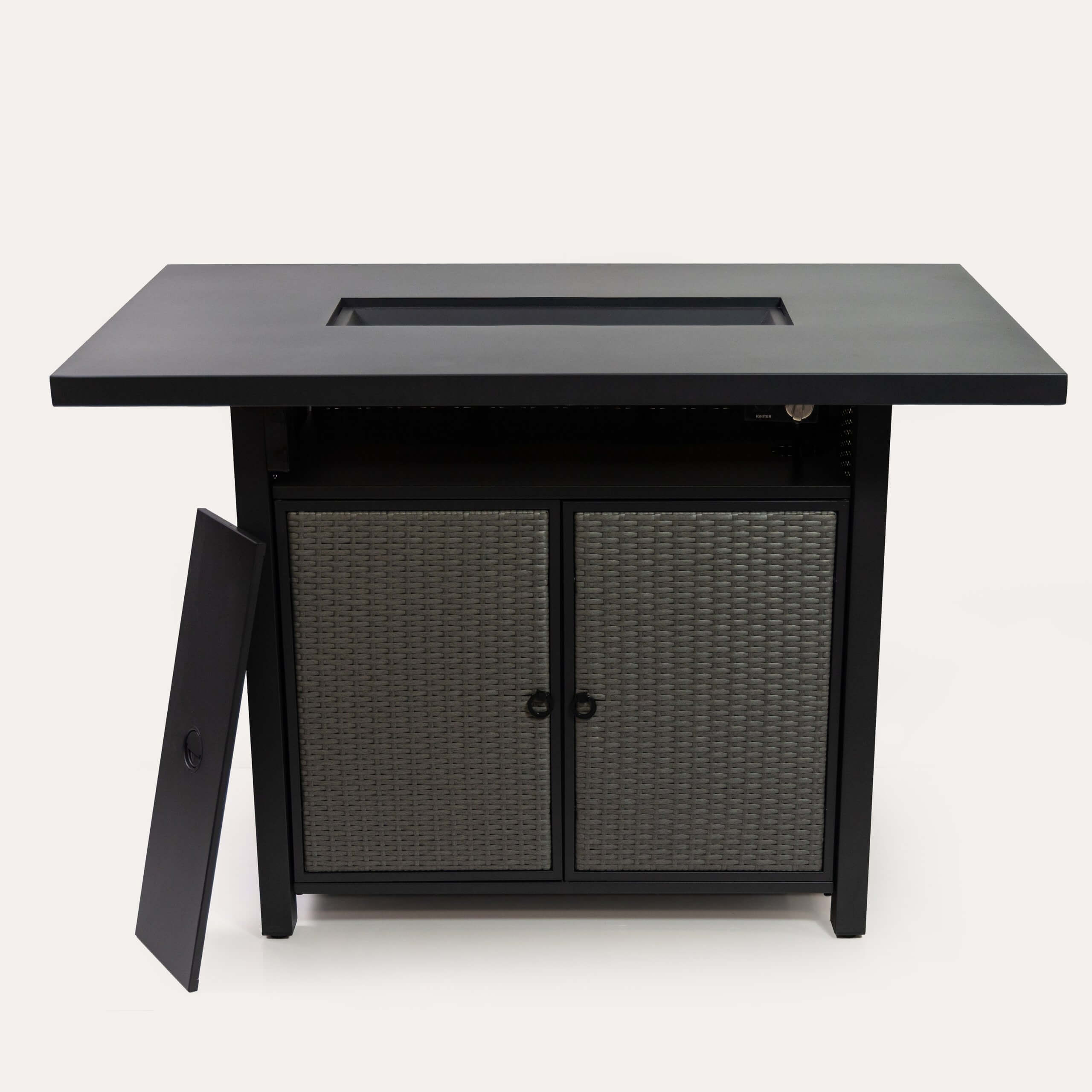 Outdoor propane fire table with black top, mesh cabinet doors, hinged side access panel