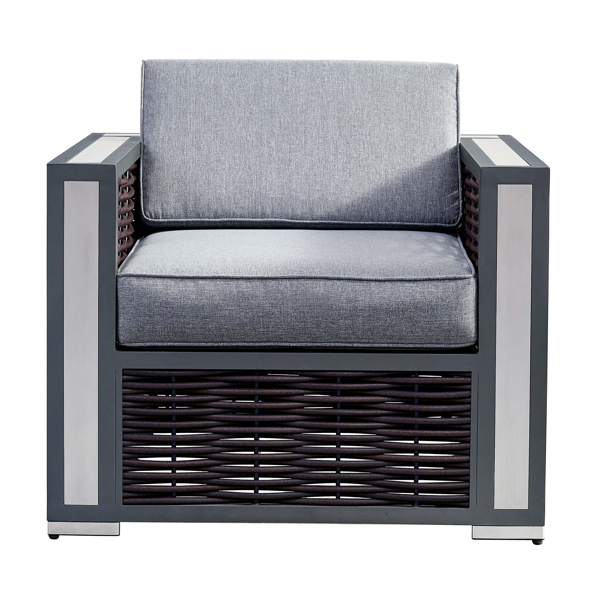 Outdoor armchair with light-gray cushion, dark woven base, and silver frame accents