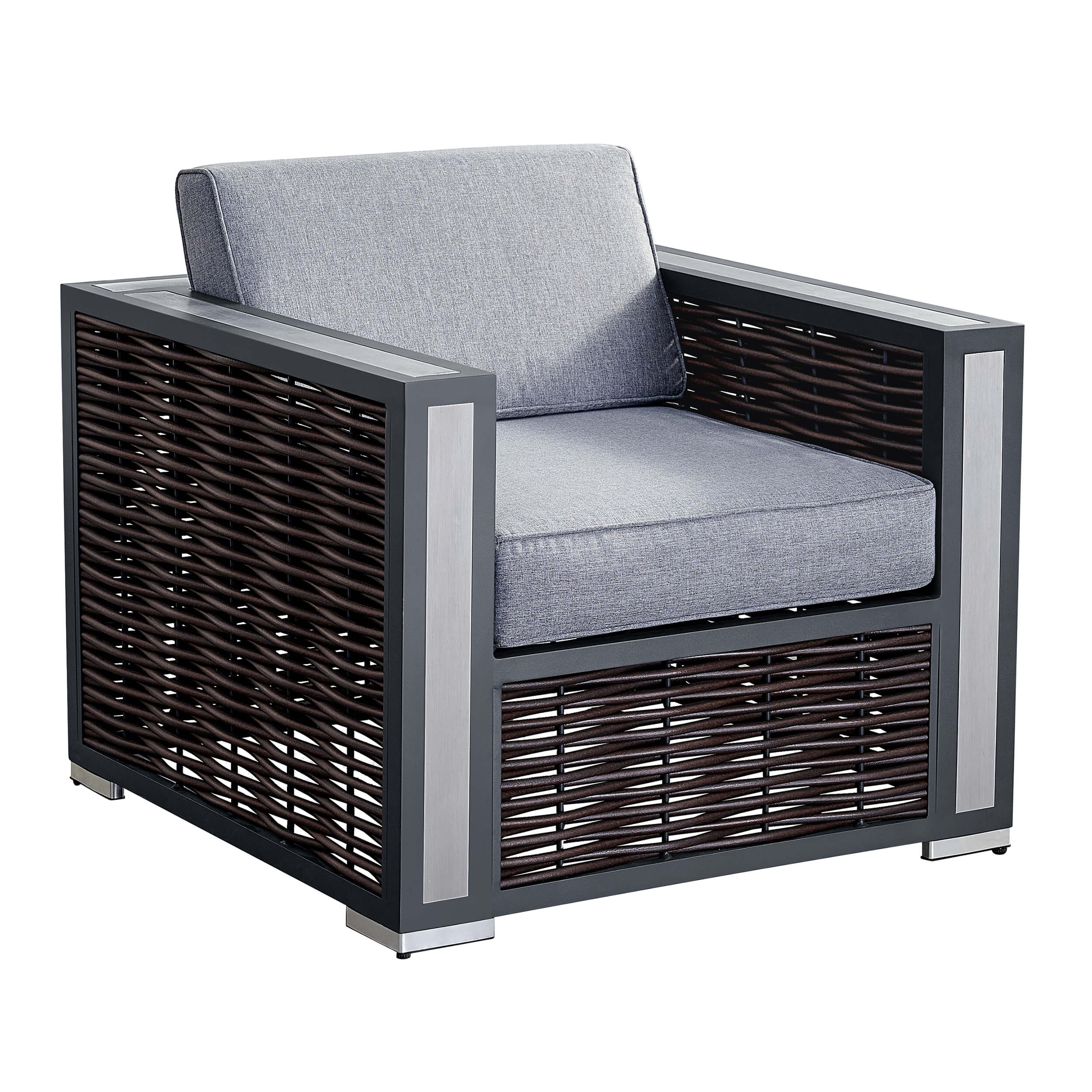Outdoor armchair with dark woven panels and light-gray seat and back cushion