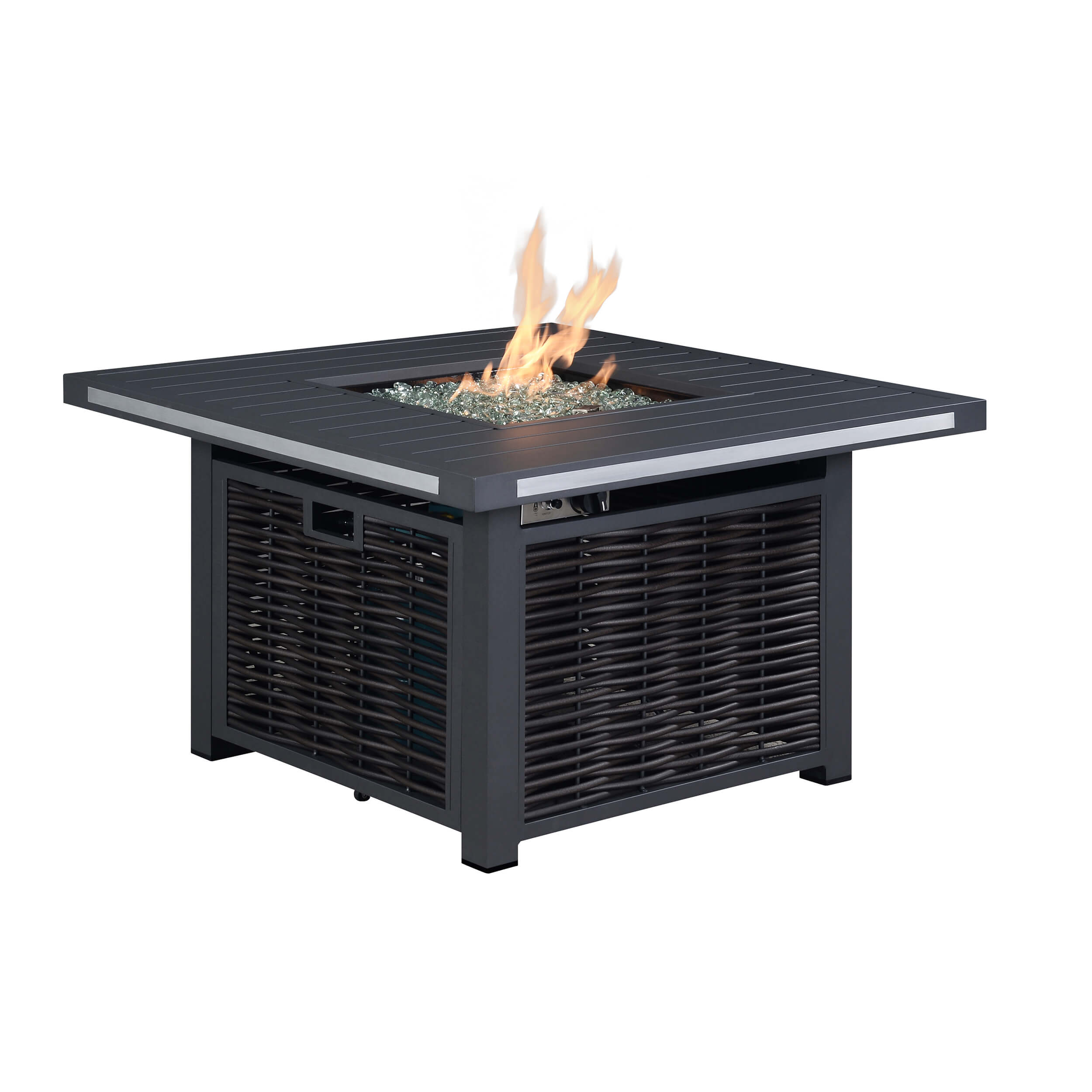 Square dark outdoor firepit table with visible flame