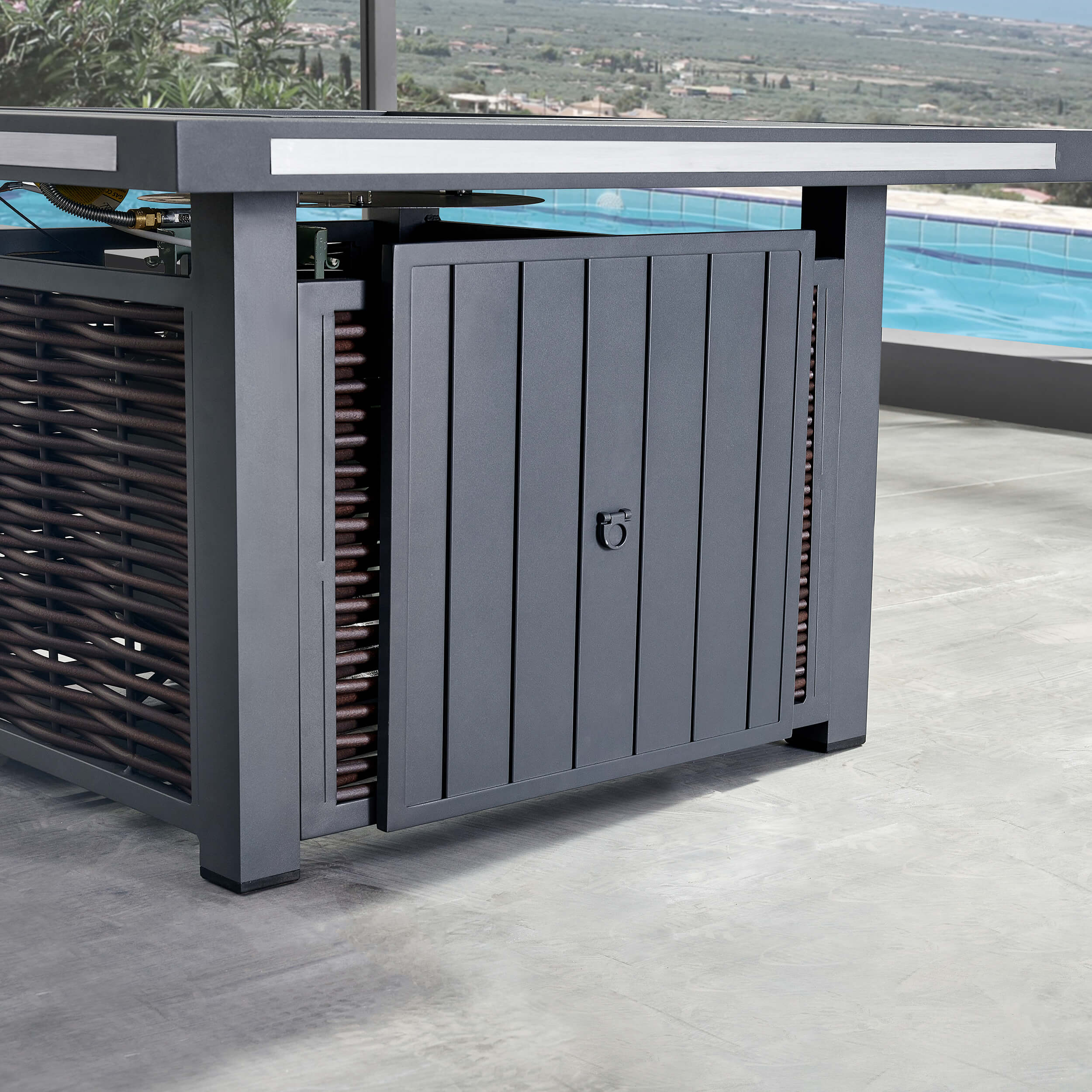 Dark woven firepit base with vertical slat doors and legs