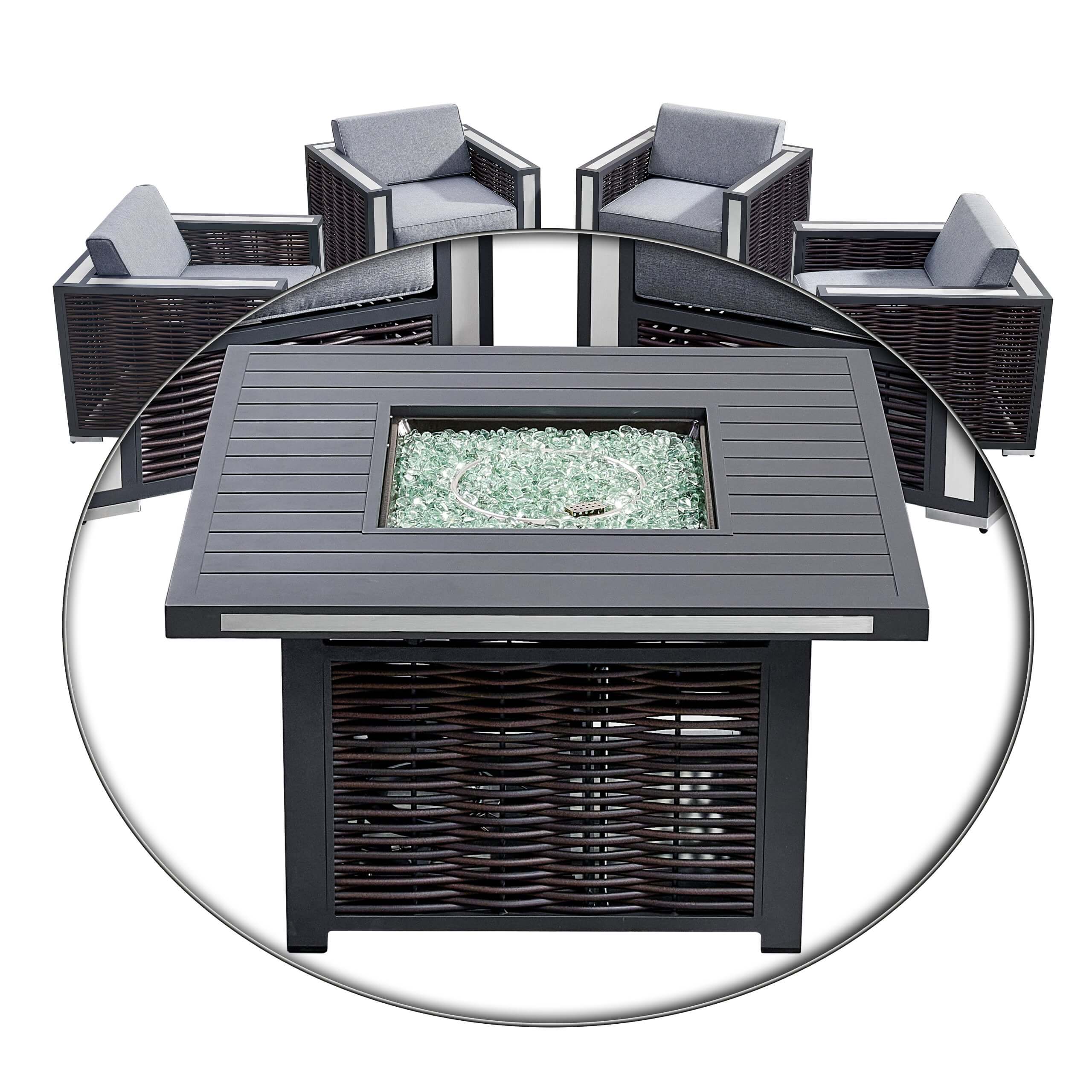 Outdoor firepit set with four dark armchairs around square table