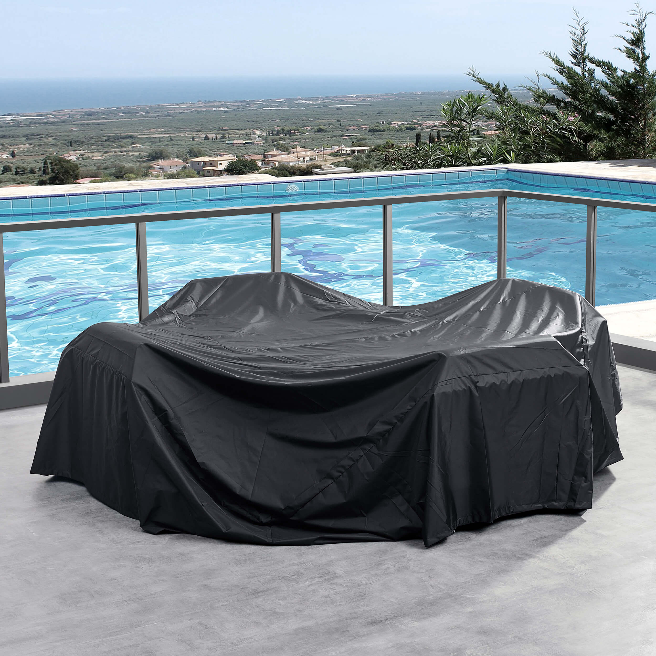 Outdoor patio set firepit cover, black fitted tarp over the firepit table