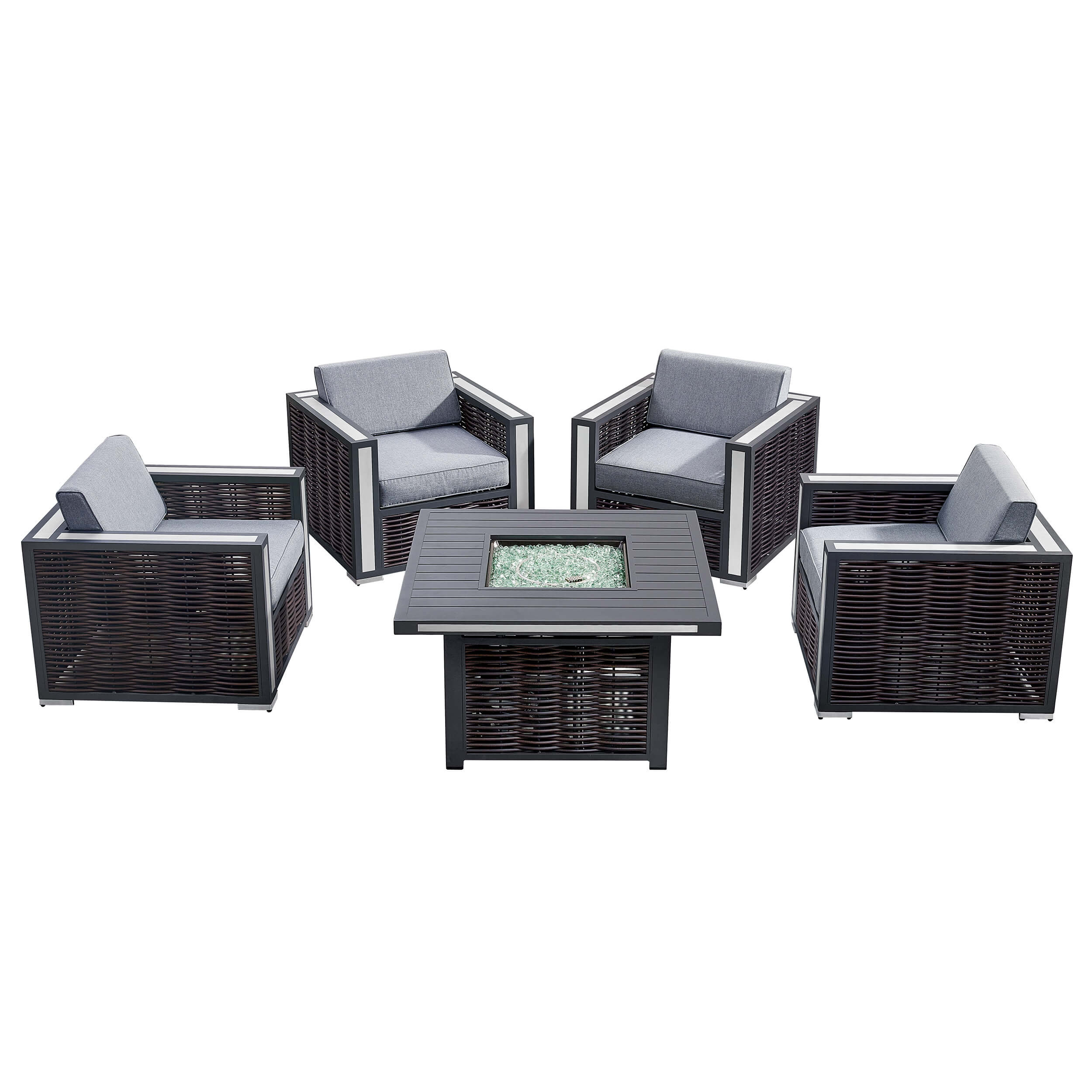 Outdoor patio seating set with four chairs and square table, gray cushions, dark woven sides
