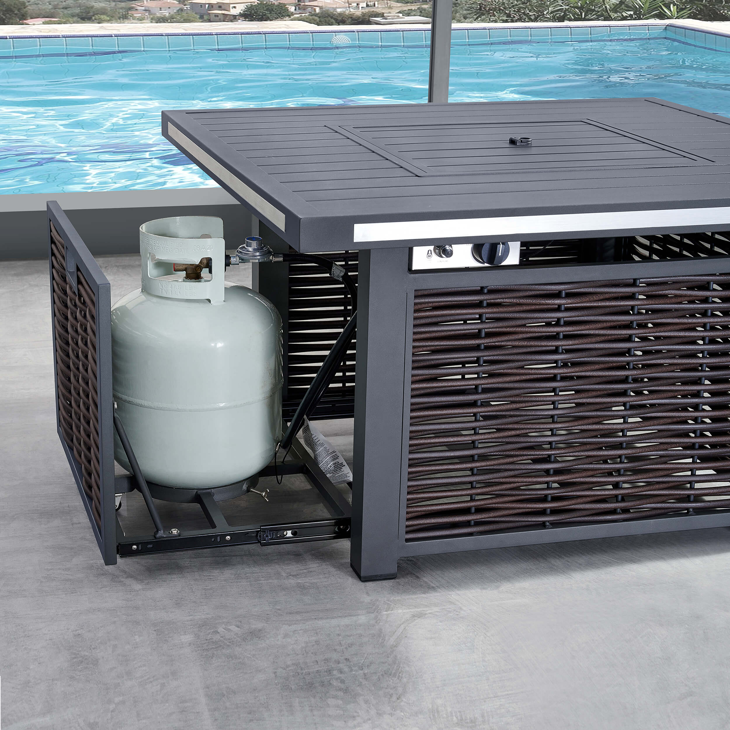 Outdoor patio firepit table with open storage shelf and propane tank compartment