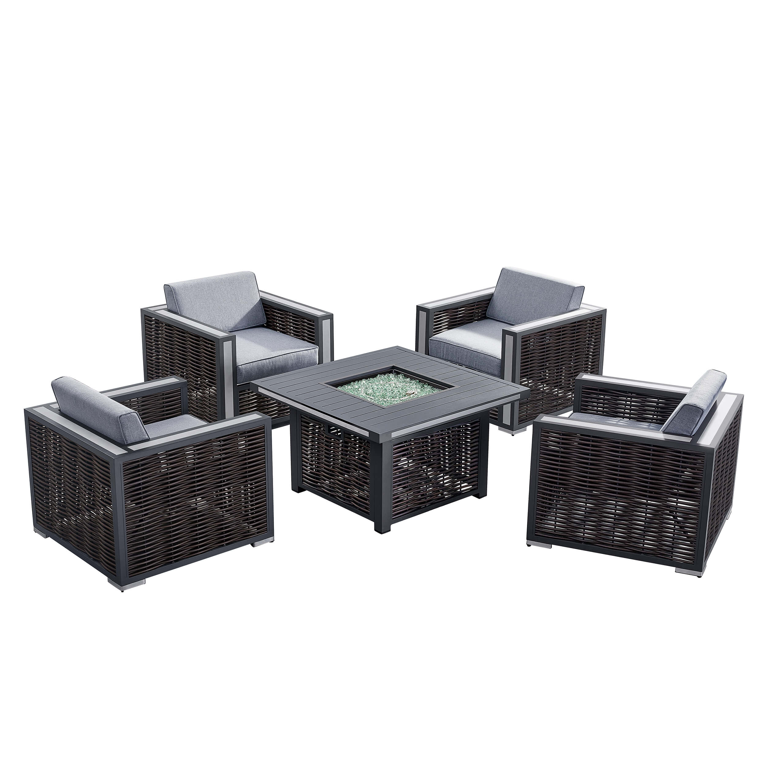 Outdoor patio seating set with four armchairs and square firepit table, gray cushions