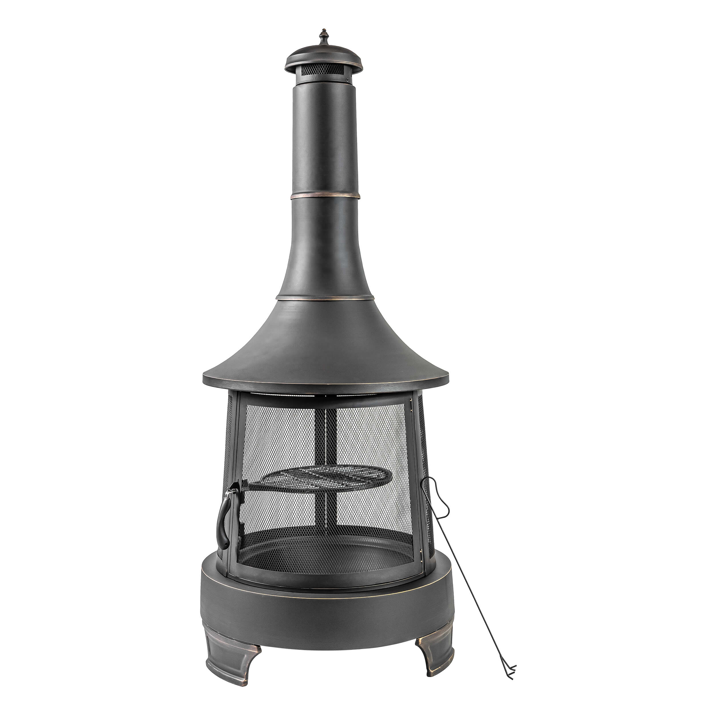 Chimney wood burner firepit with curved base, mesh door, and spark screen stand