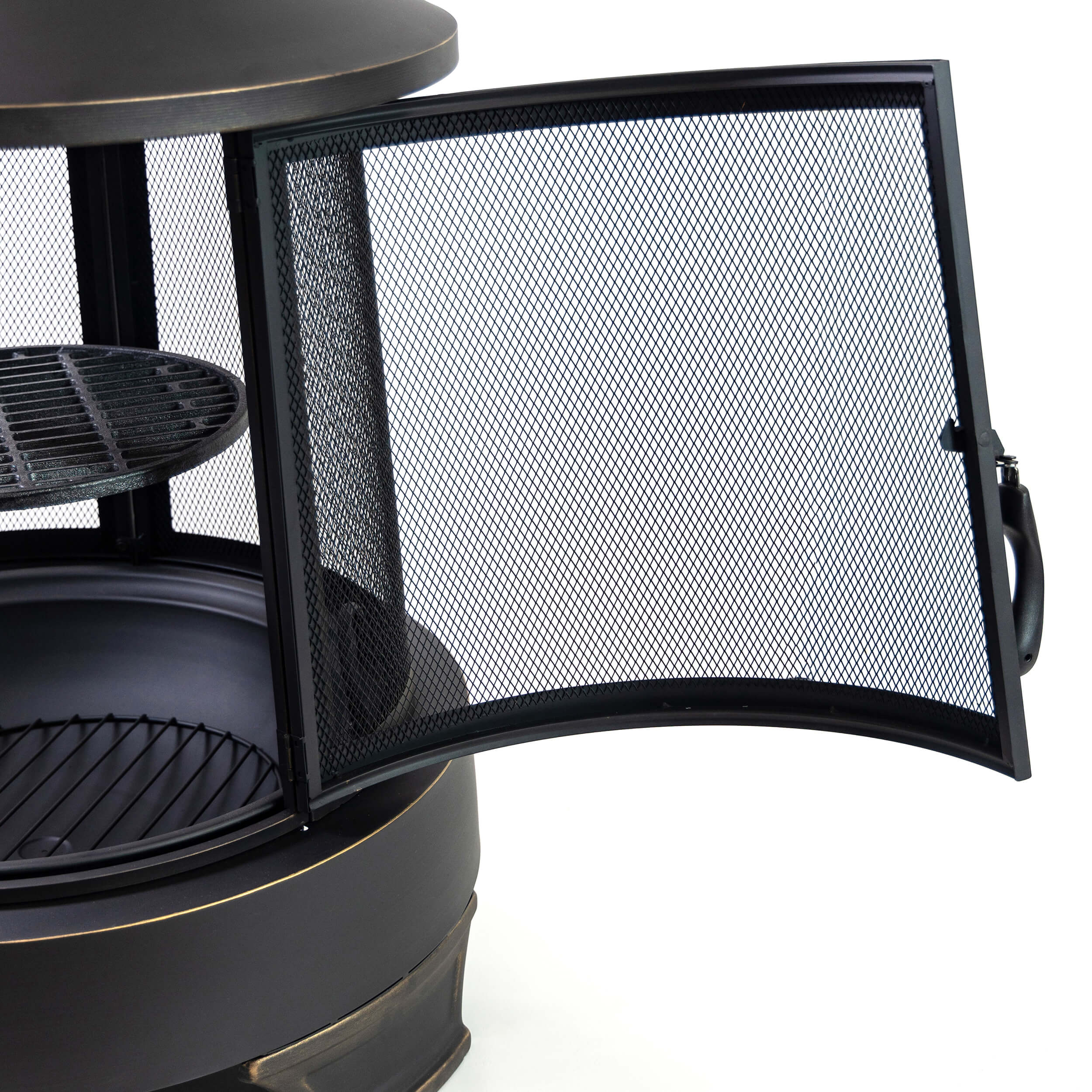 Dark metal firepit door with wire mesh panel and side handle, open on a round frame