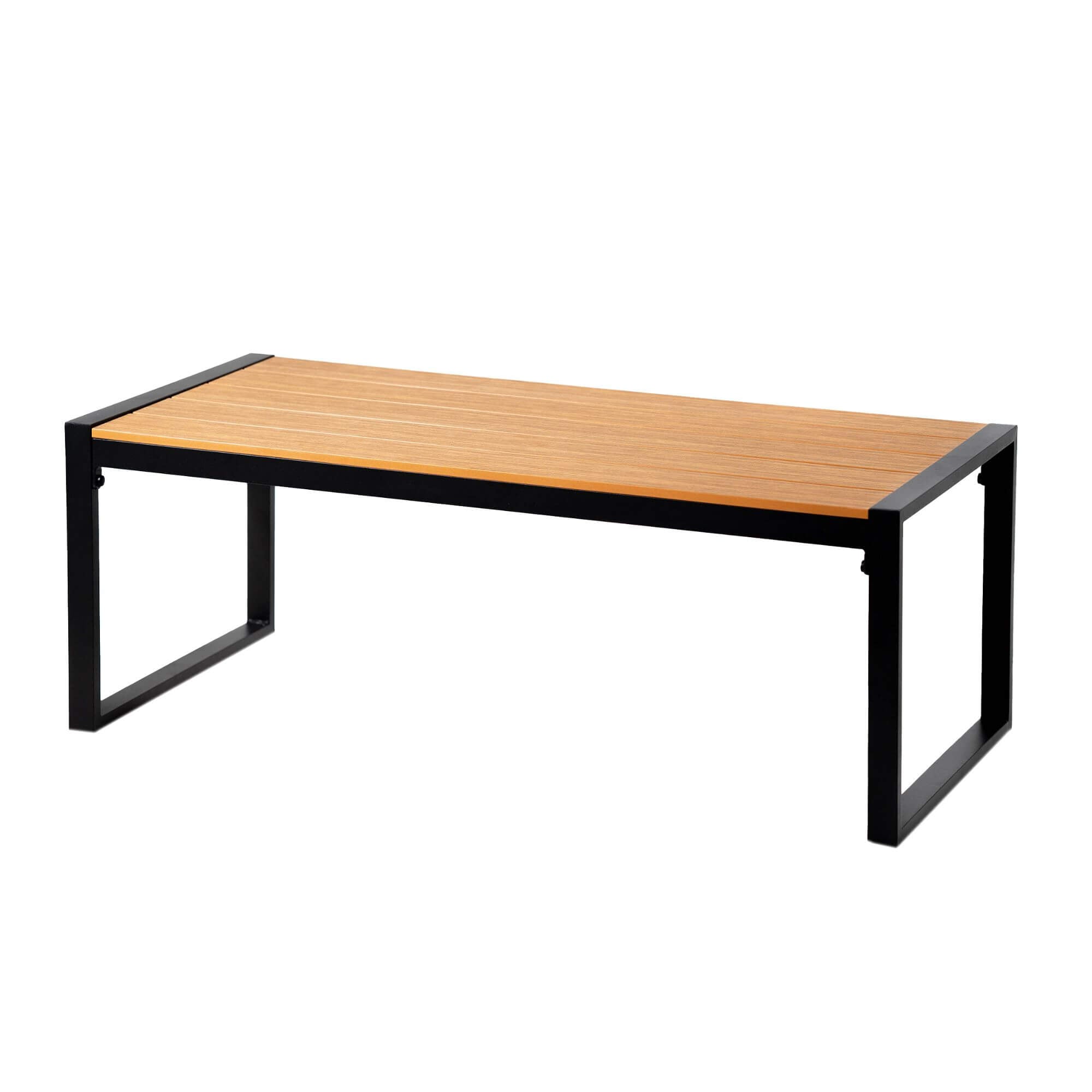 Rectangular outdoor coffee table with light wood top and black frame
