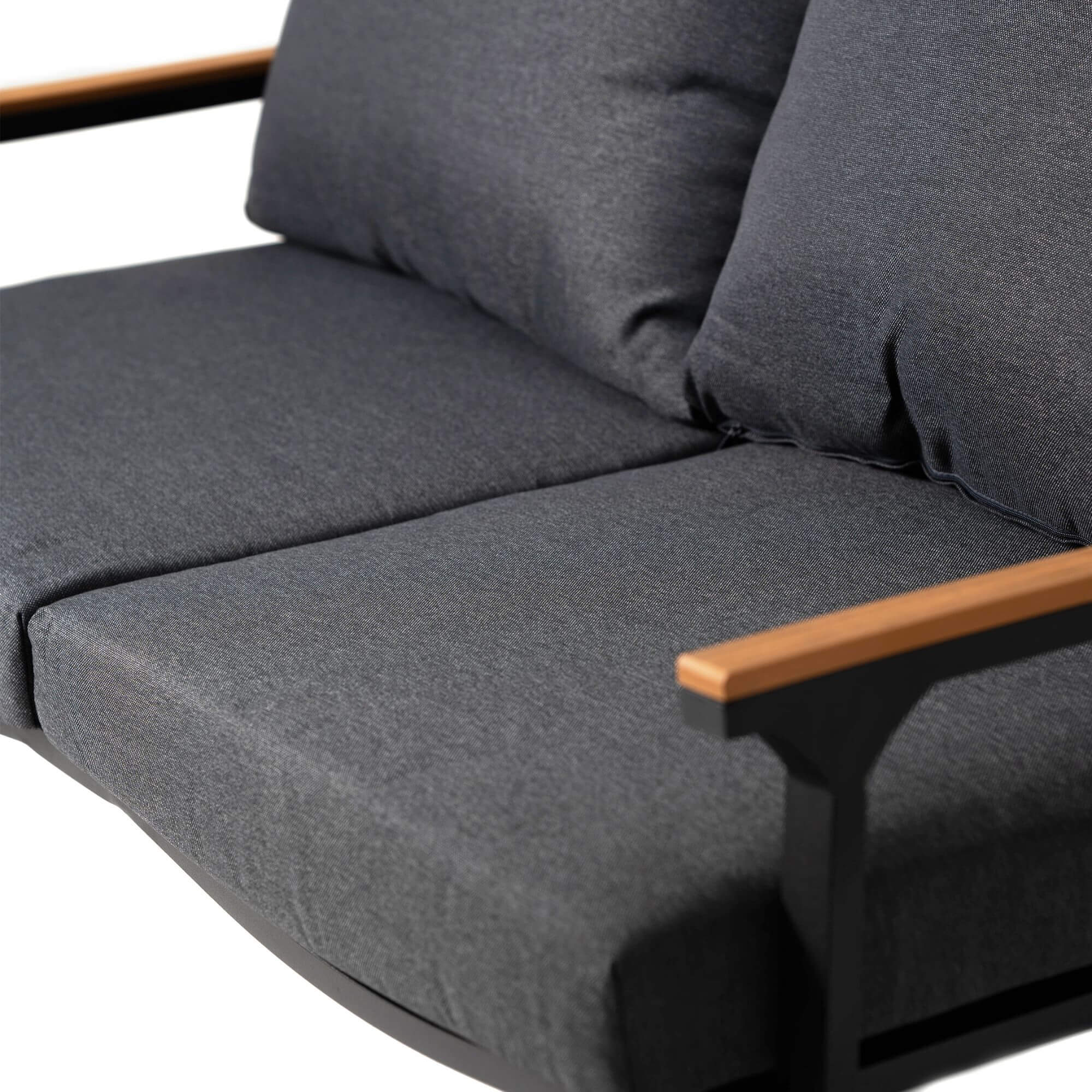 Outdoor sofa chair seat with dark gray cushion and light wood armrest