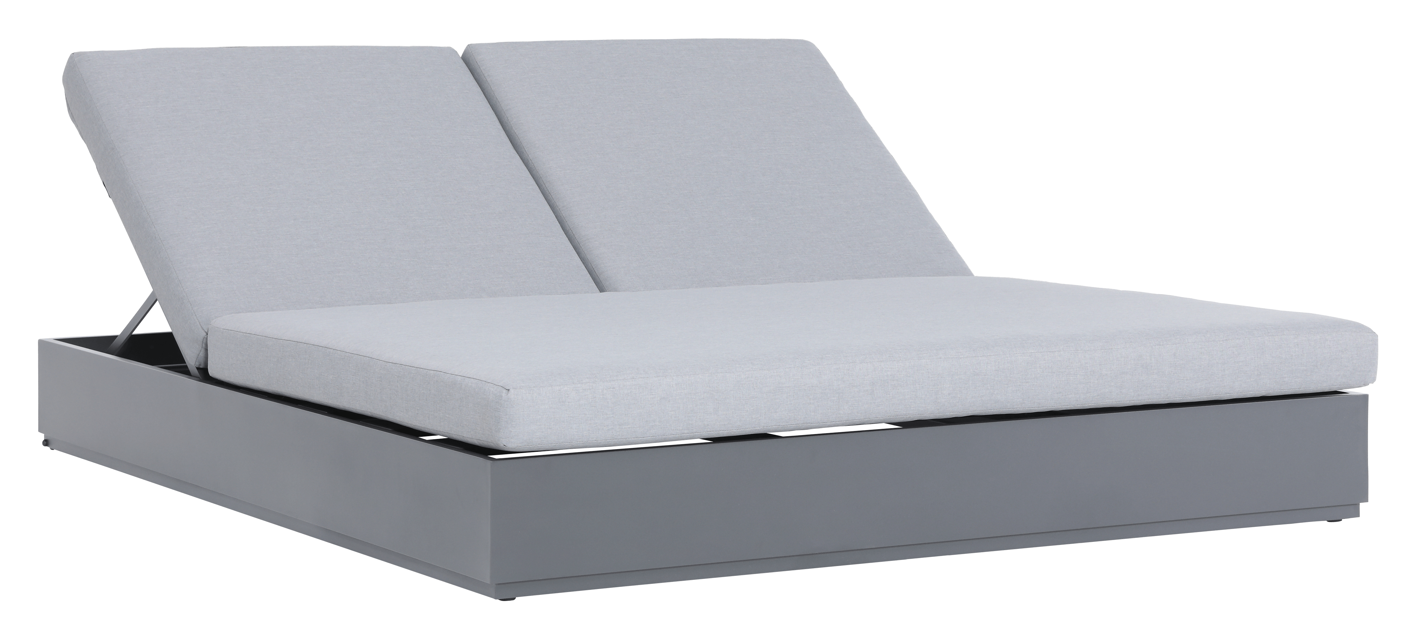 Rectangular outdoor patio daybed with two light gray back cushions and base