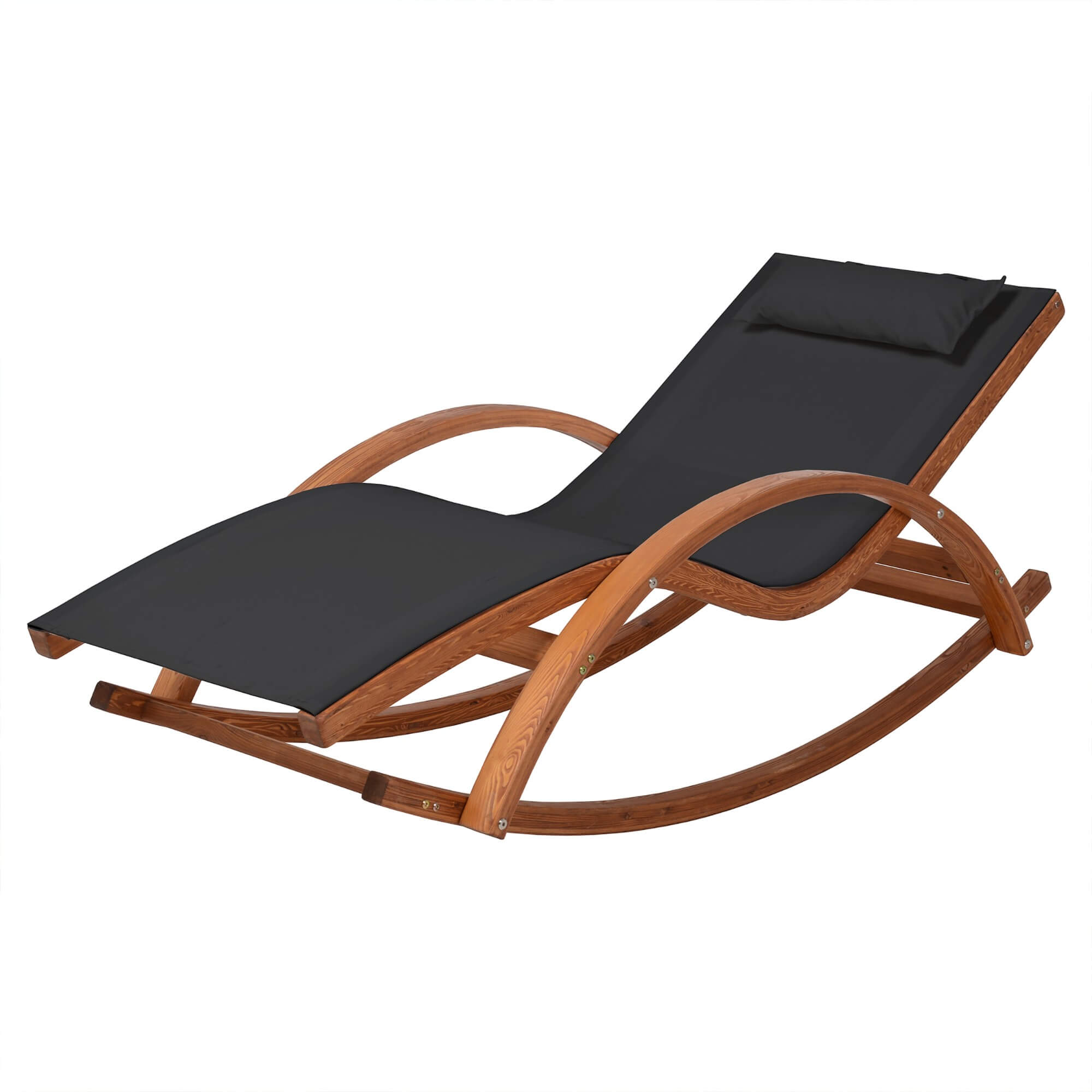 Cedar wood rocking lounge chair with black textilene seat and pillow back