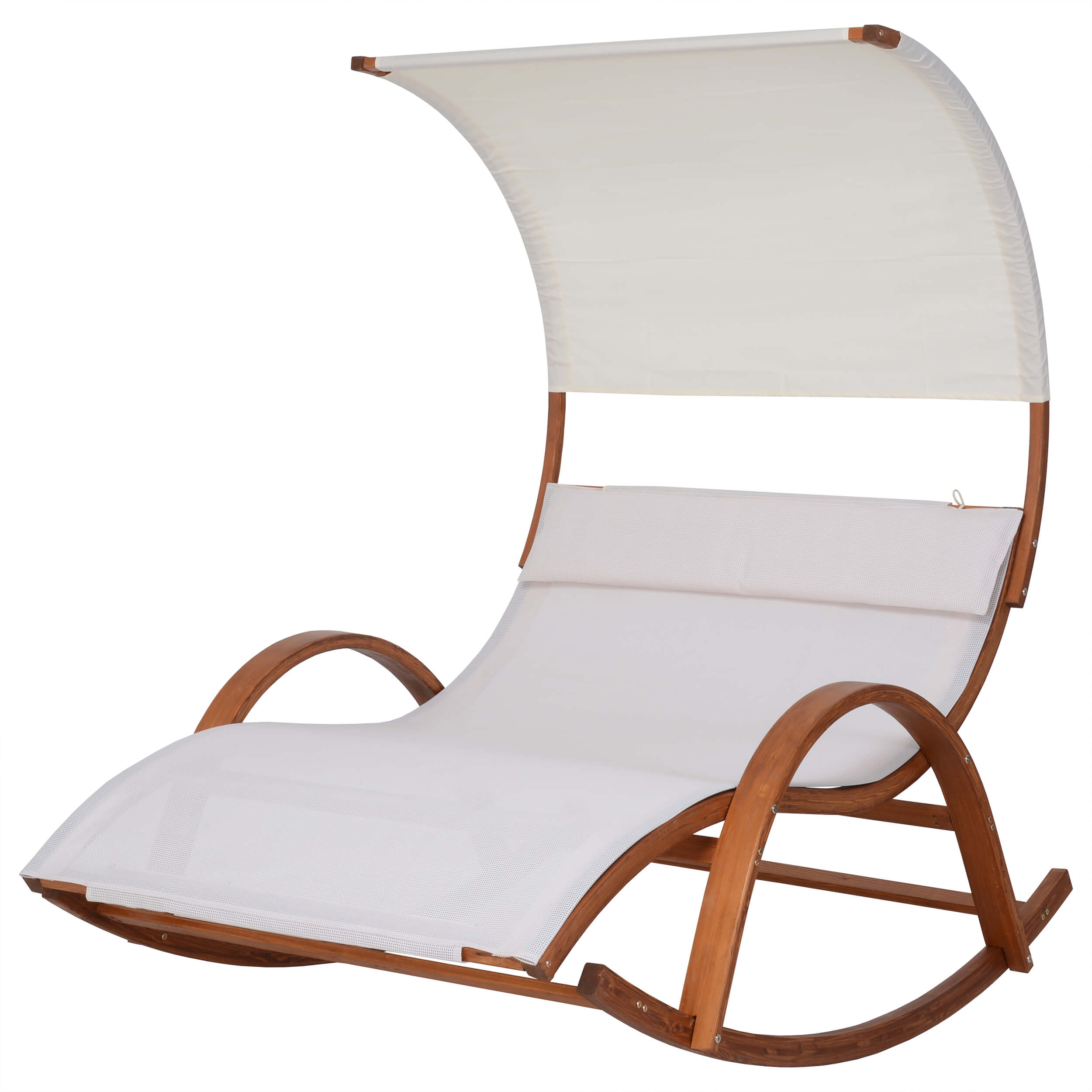 Outdoor cedar rocking daybed with white Textilene seat, back, and canopy
