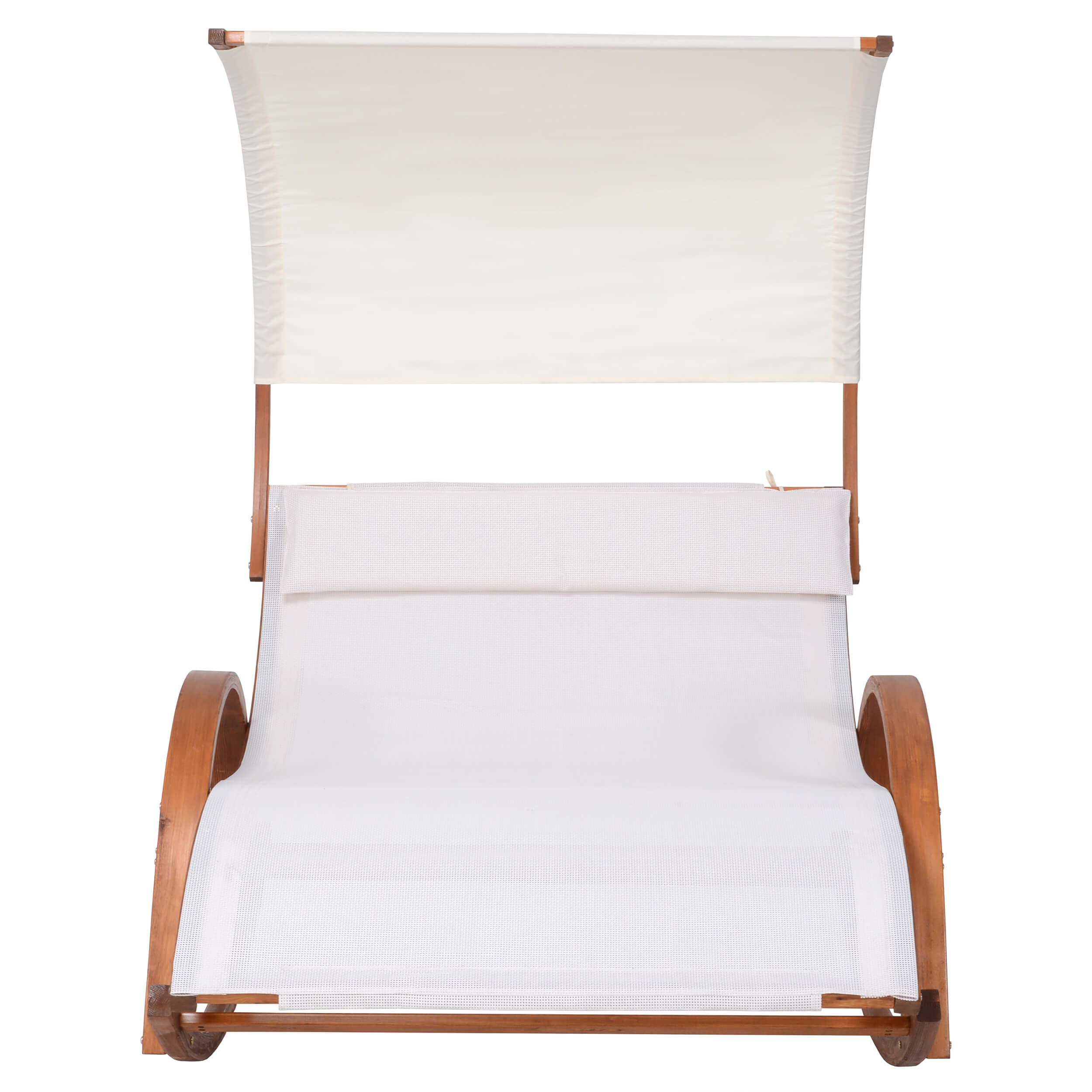 Cedar wood patio lounge daybed with white canopy and layered white Textilene cushions