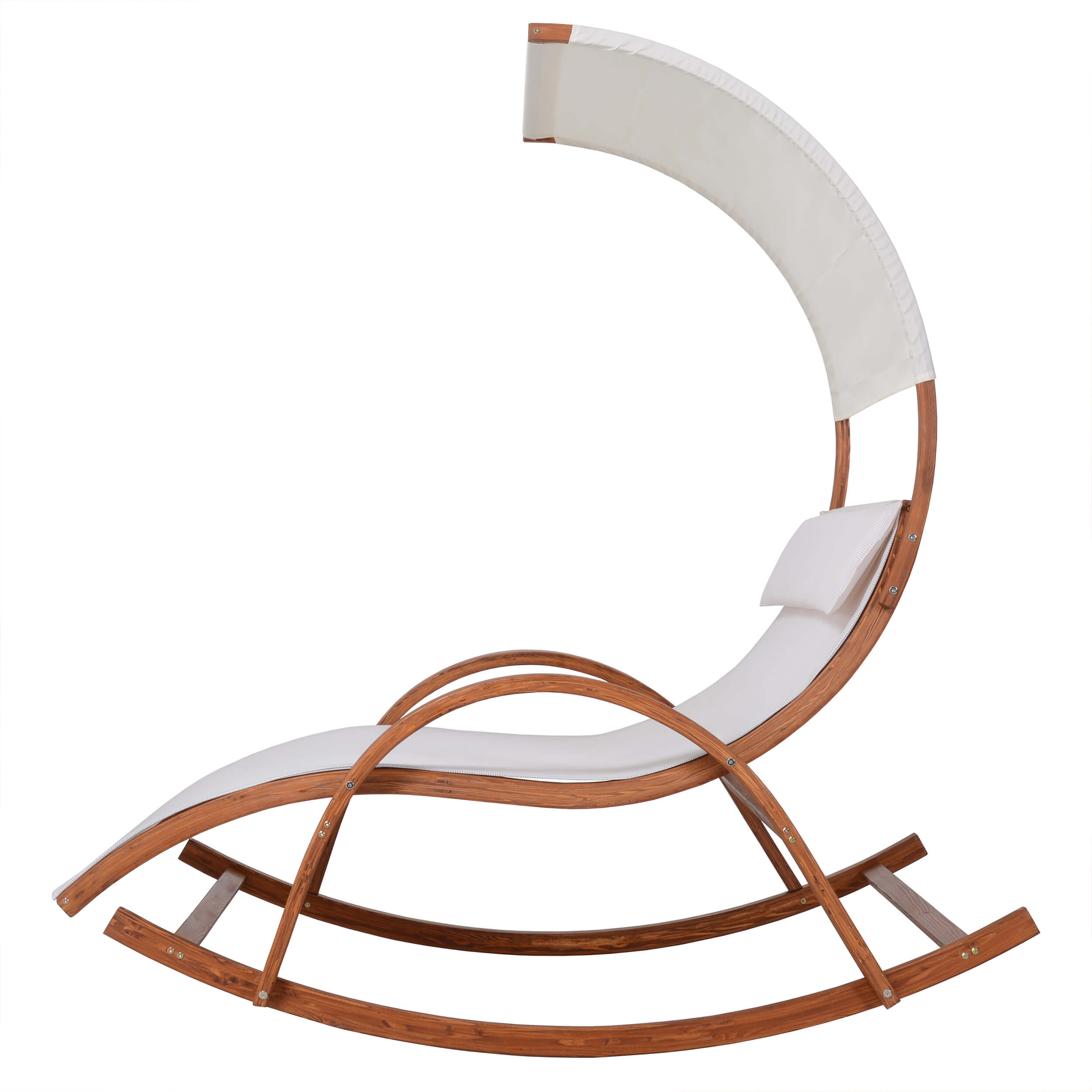 Cedar wood outdoor lounge daybed with curved rockers and white canopy fabric