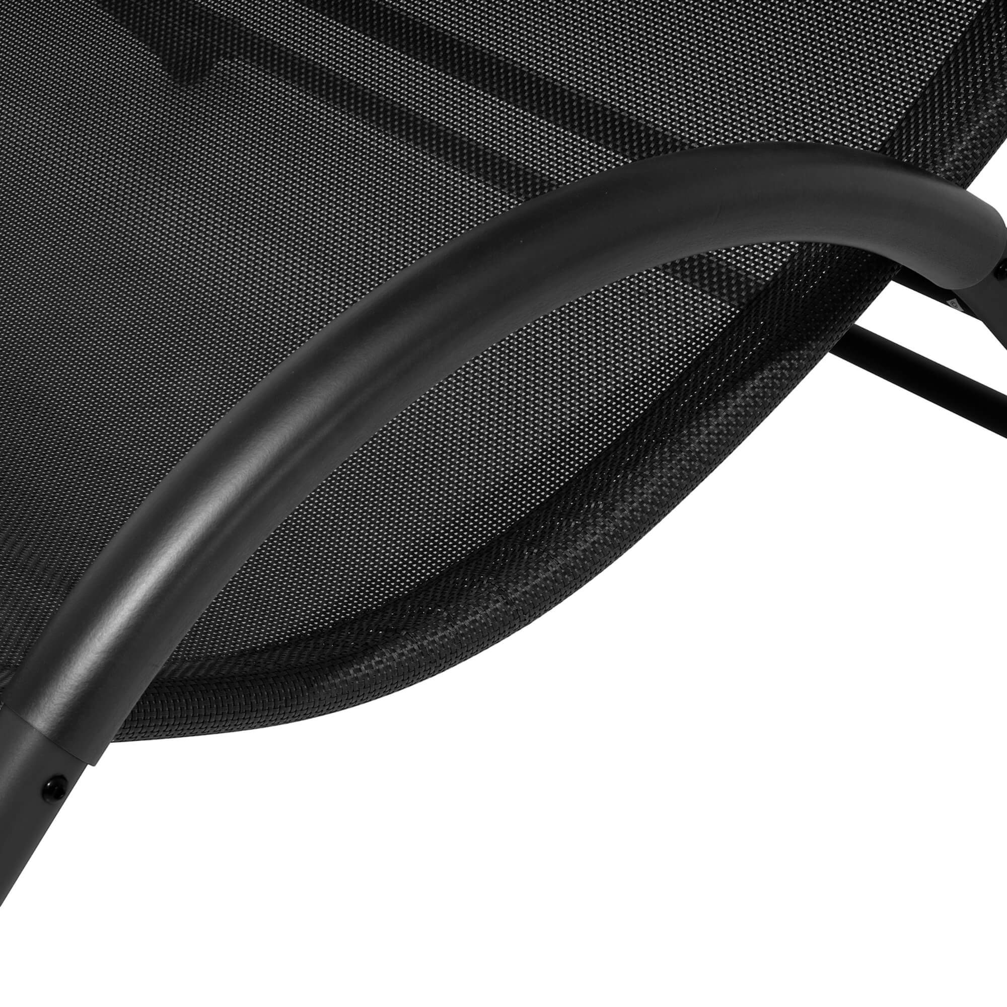 Curved black armrest support with woven mesh seat fabric on outdoor lounge daybed