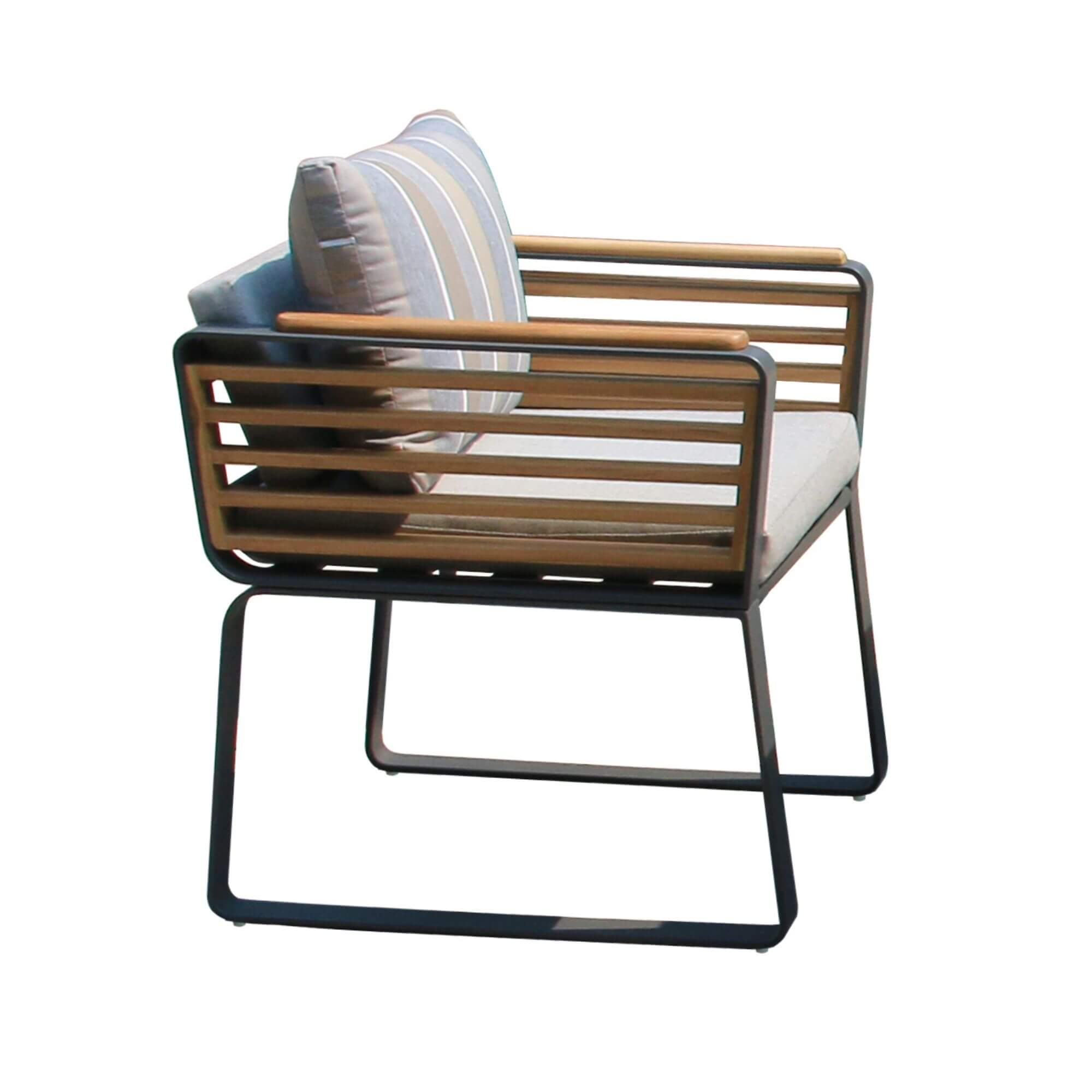 Outdoor dining chair front view with slat back, wood arms, gray cushion, dark metal legs
