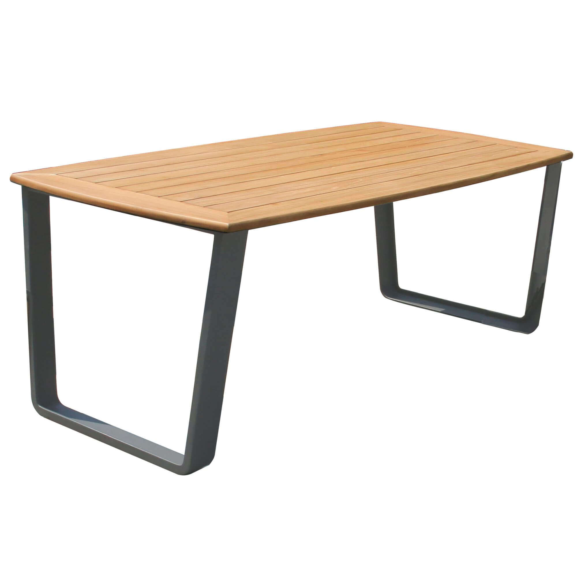 Outdoor dining table with light wood slat top and dark metal U-shaped legs