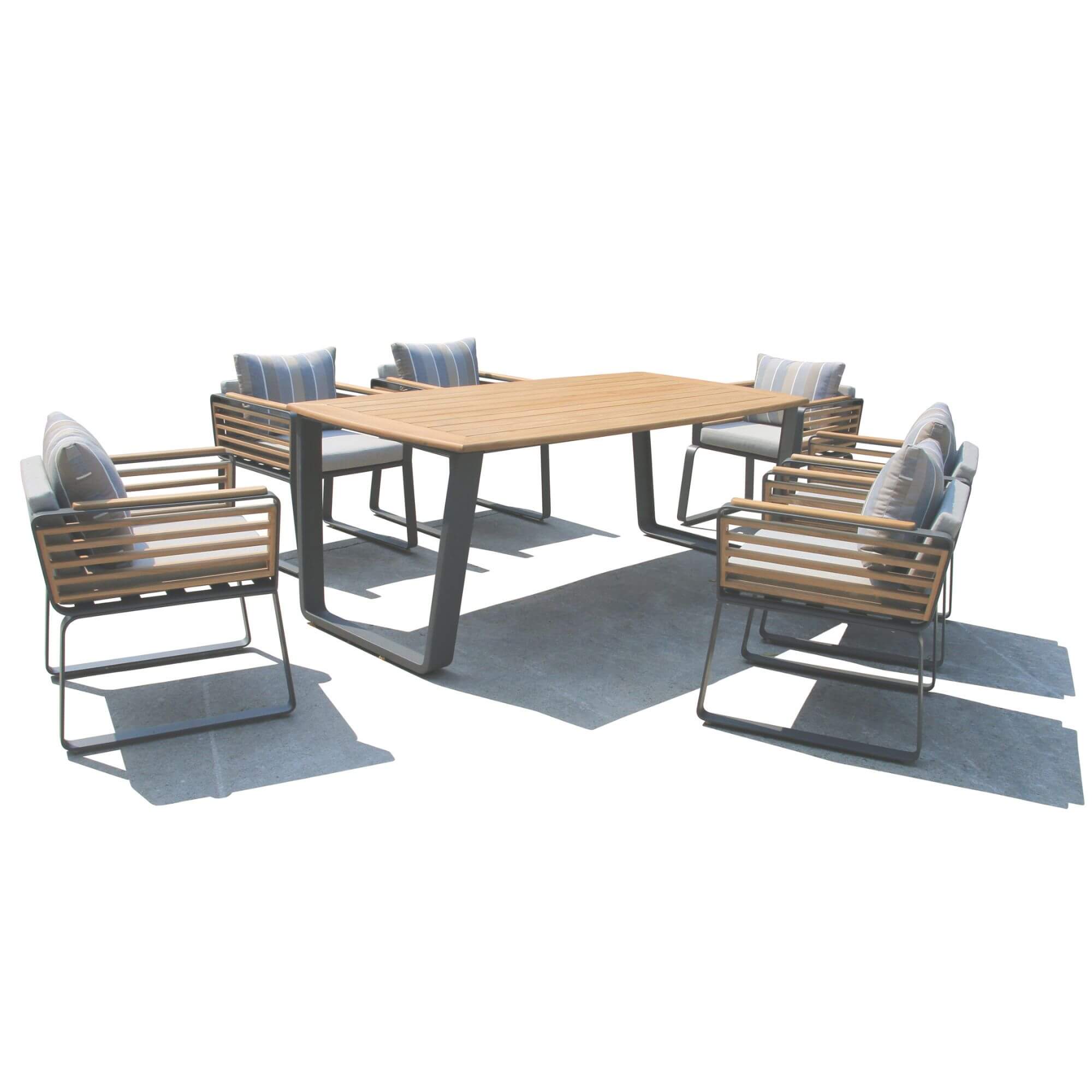 Outdoor dining set with square wood table and four chairs with wood slat frames