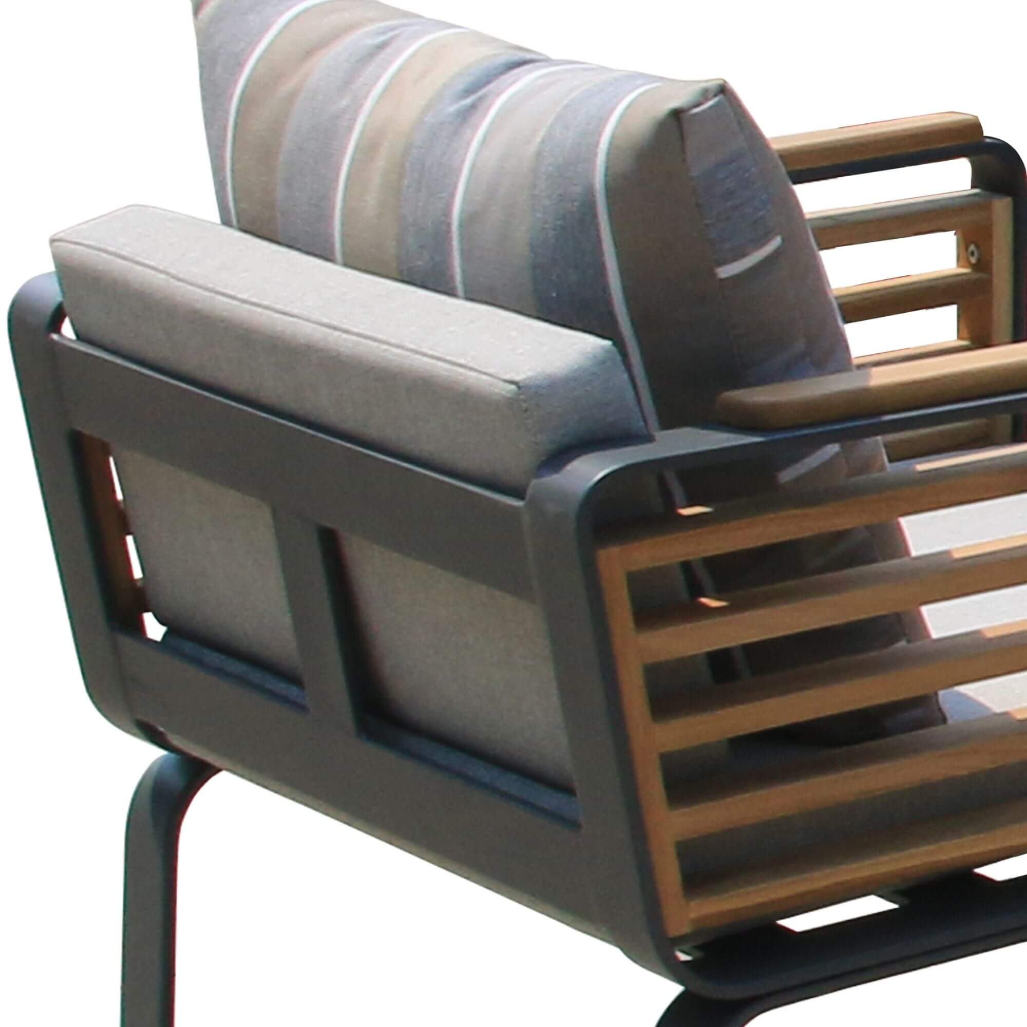 Outdoor dining chair with dark metal frame, wood armrests, and striped gray seat back cushion