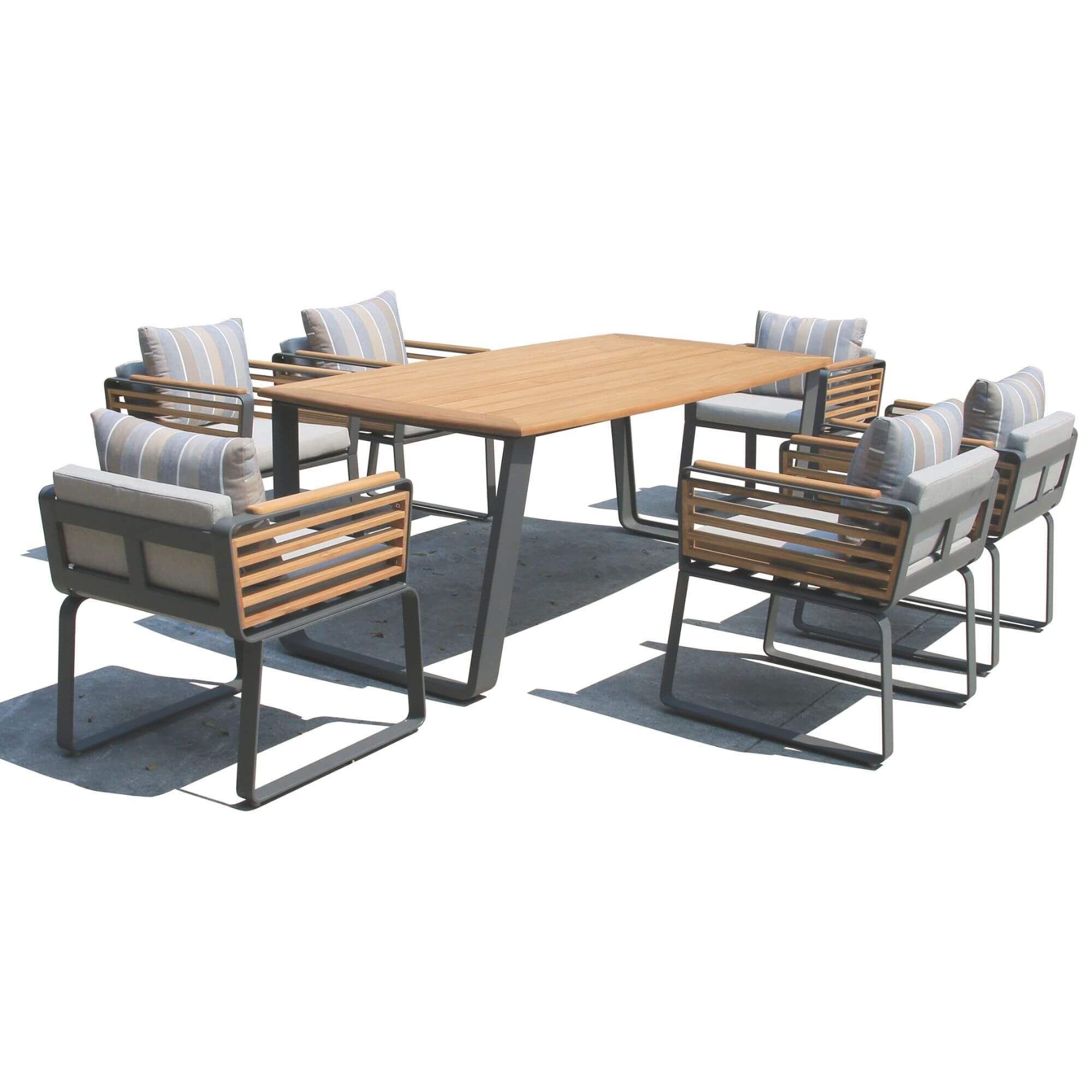 Outdoor dining table set with rectangular wood table and six gray-and-wood slat-back chairs