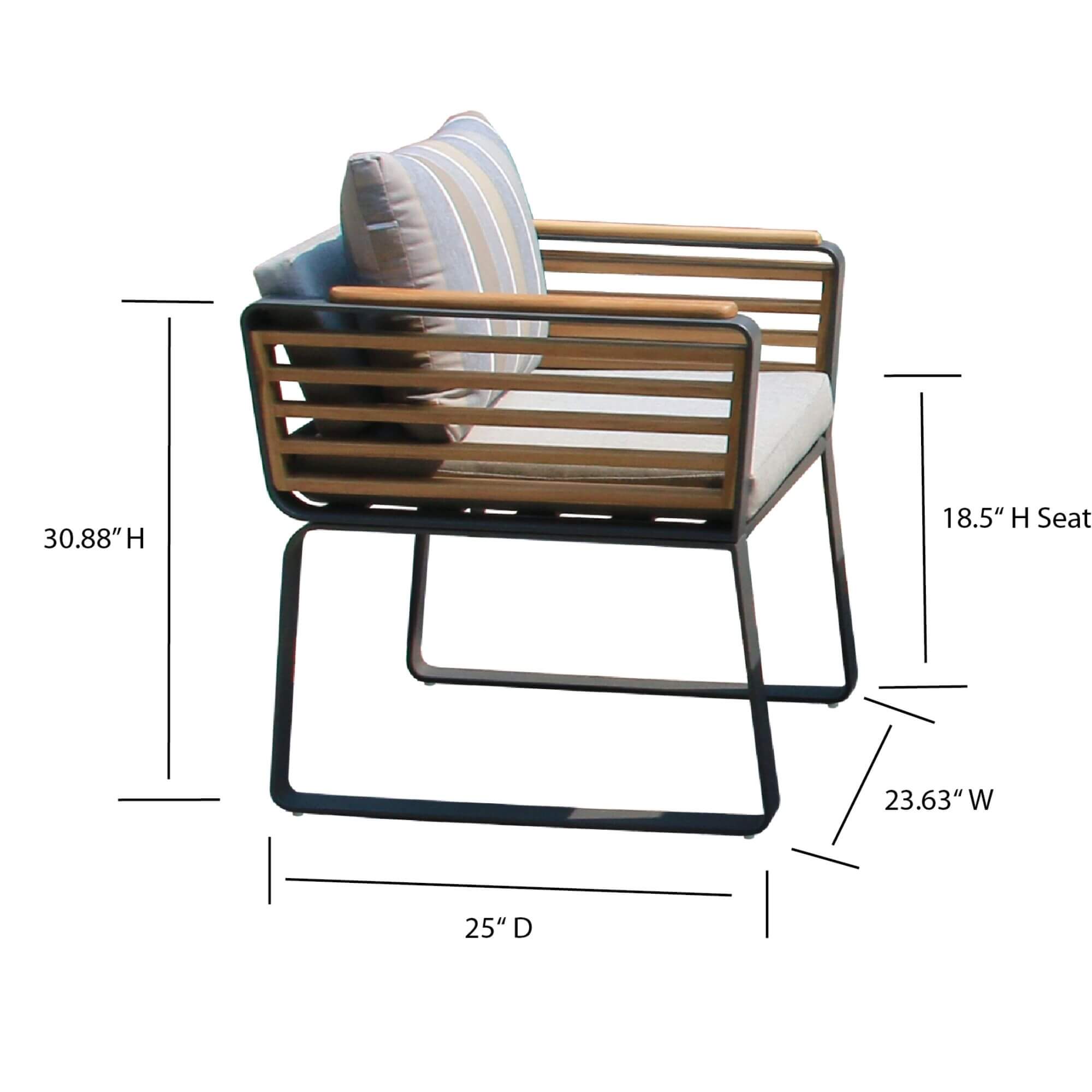 Outdoor dining chair dimension view with slat back, wood arms, gray cushion, dark frame