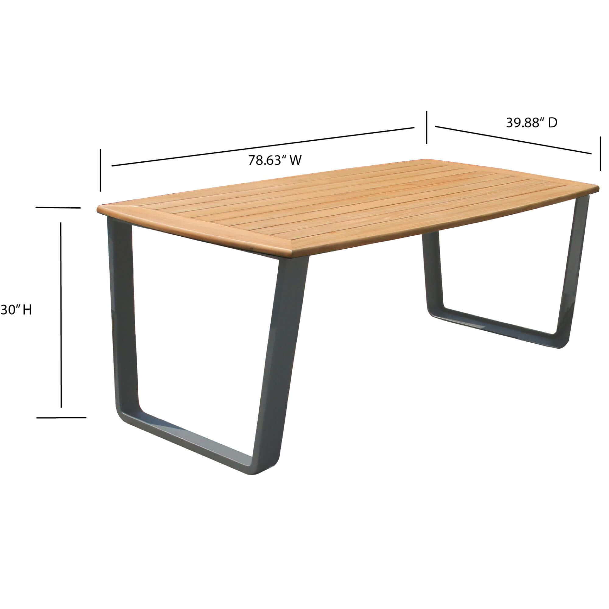 Outdoor dining table dimension view with light wood slat top and dark metal U-shaped legs
