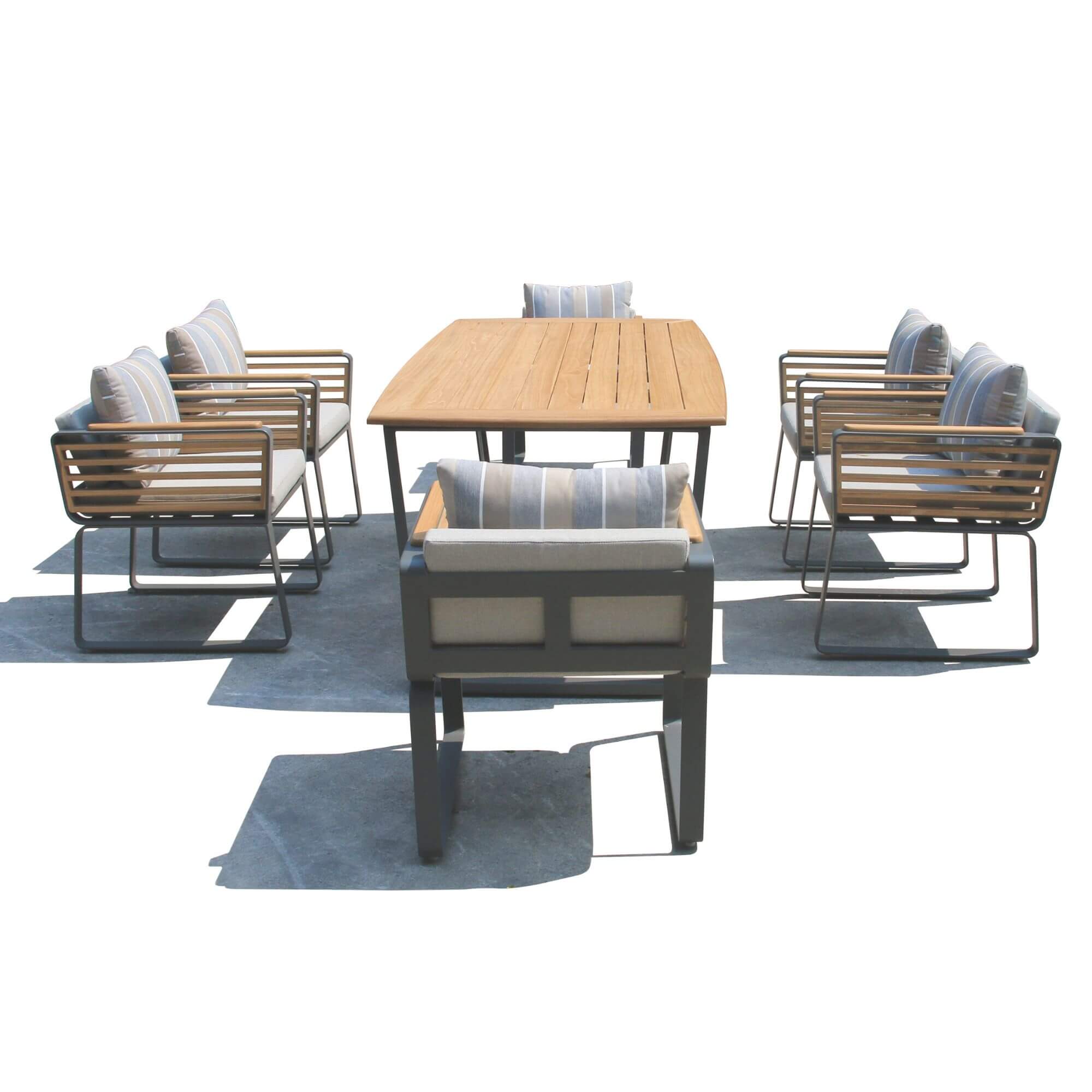 Outdoor dining set with wood table and four slat-back chairs plus two cushioned end chairs