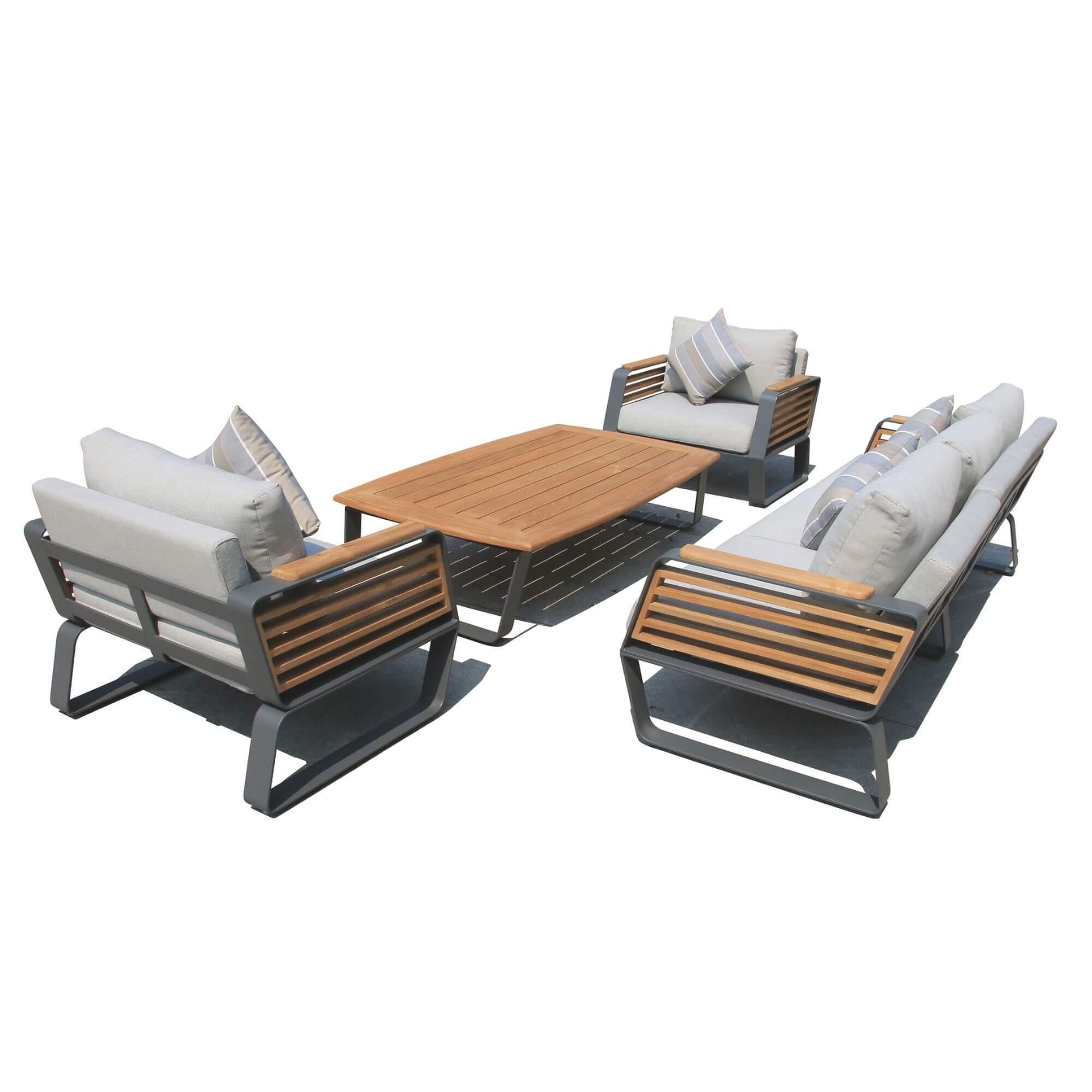 Outdoor patio lounge set with two chairs, loveseat, and square wood coffee table
