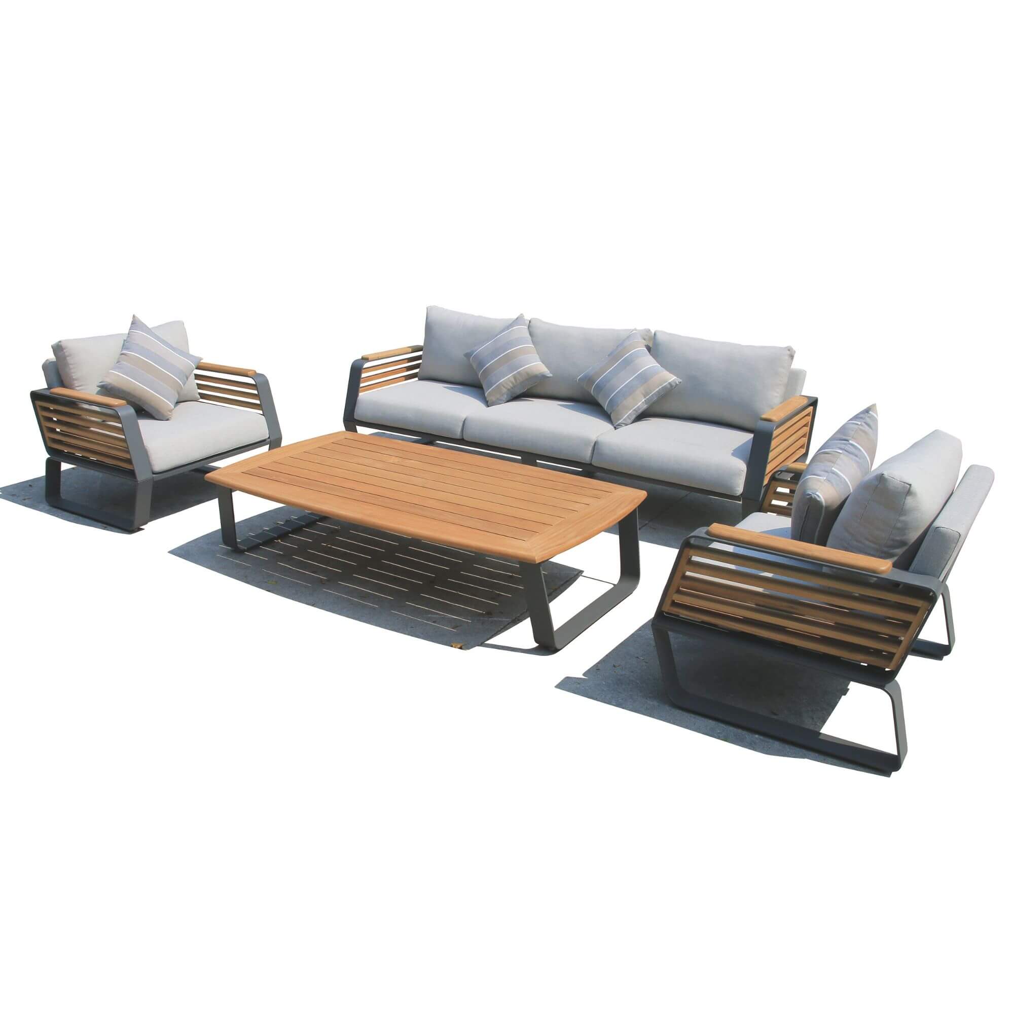Outdoor patio seating set with center coffee table, loveseat, and two matching chairs